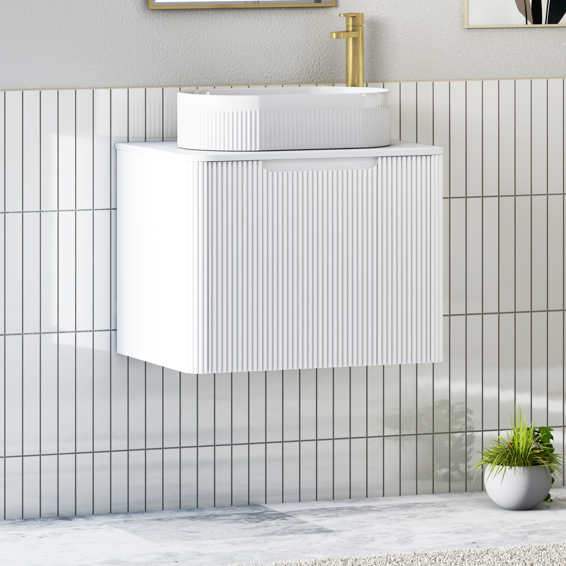 Avenza Matt White Wall Hung Vanity Unit 1 Drawer with Plain White Worktop & Multiple Basins