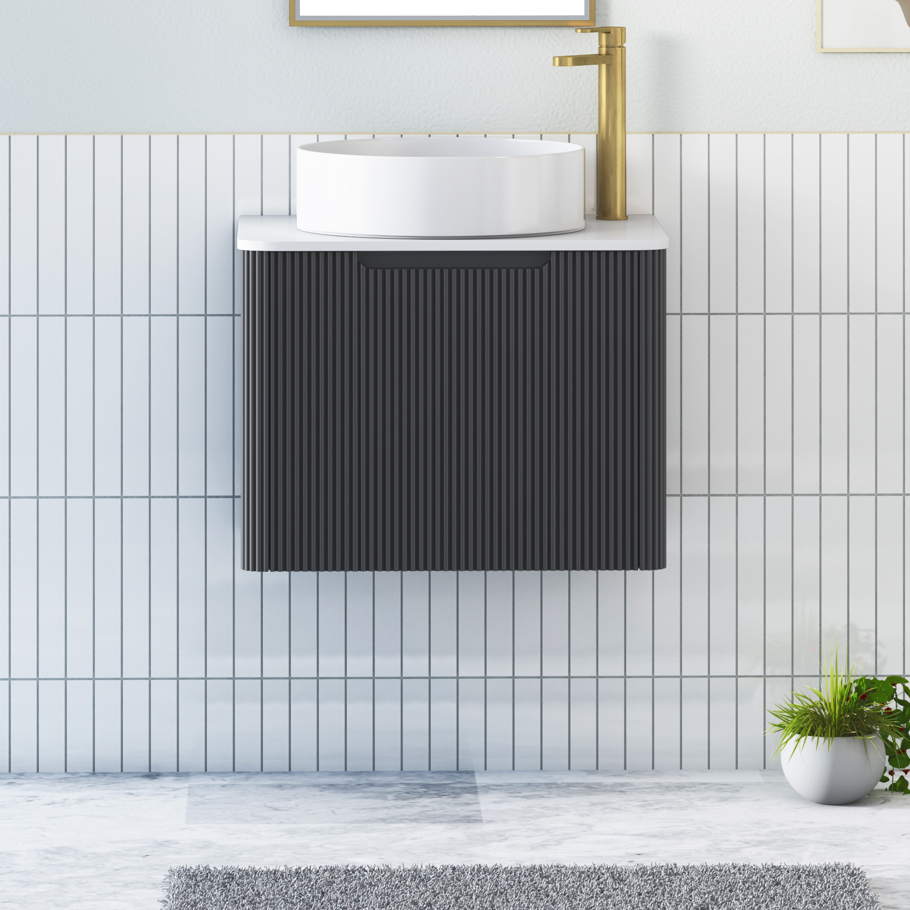 Avenza Matt Obsidian Black Wall Hung Vanity Unit 1 Drawer with Plain White Worktop & Multiple Basins