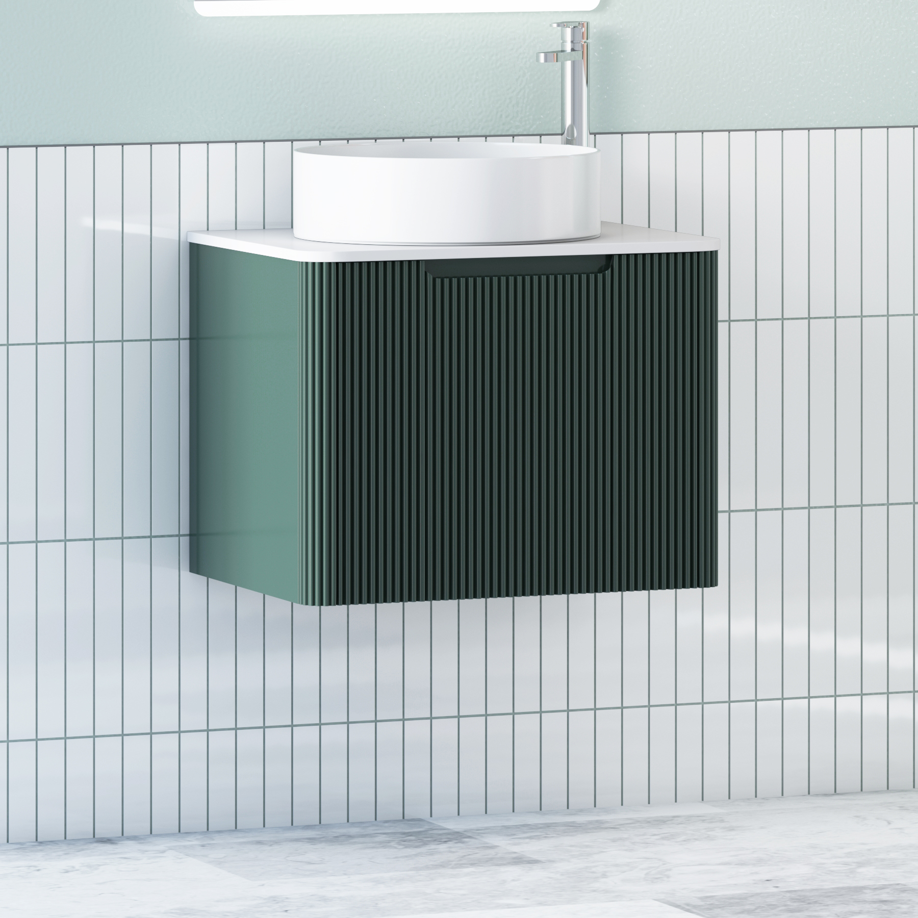 Avenza Deep Moss Green Wall Hung Vanity Unit 1 Drawer with Plain White Worktop & Multiple Basins