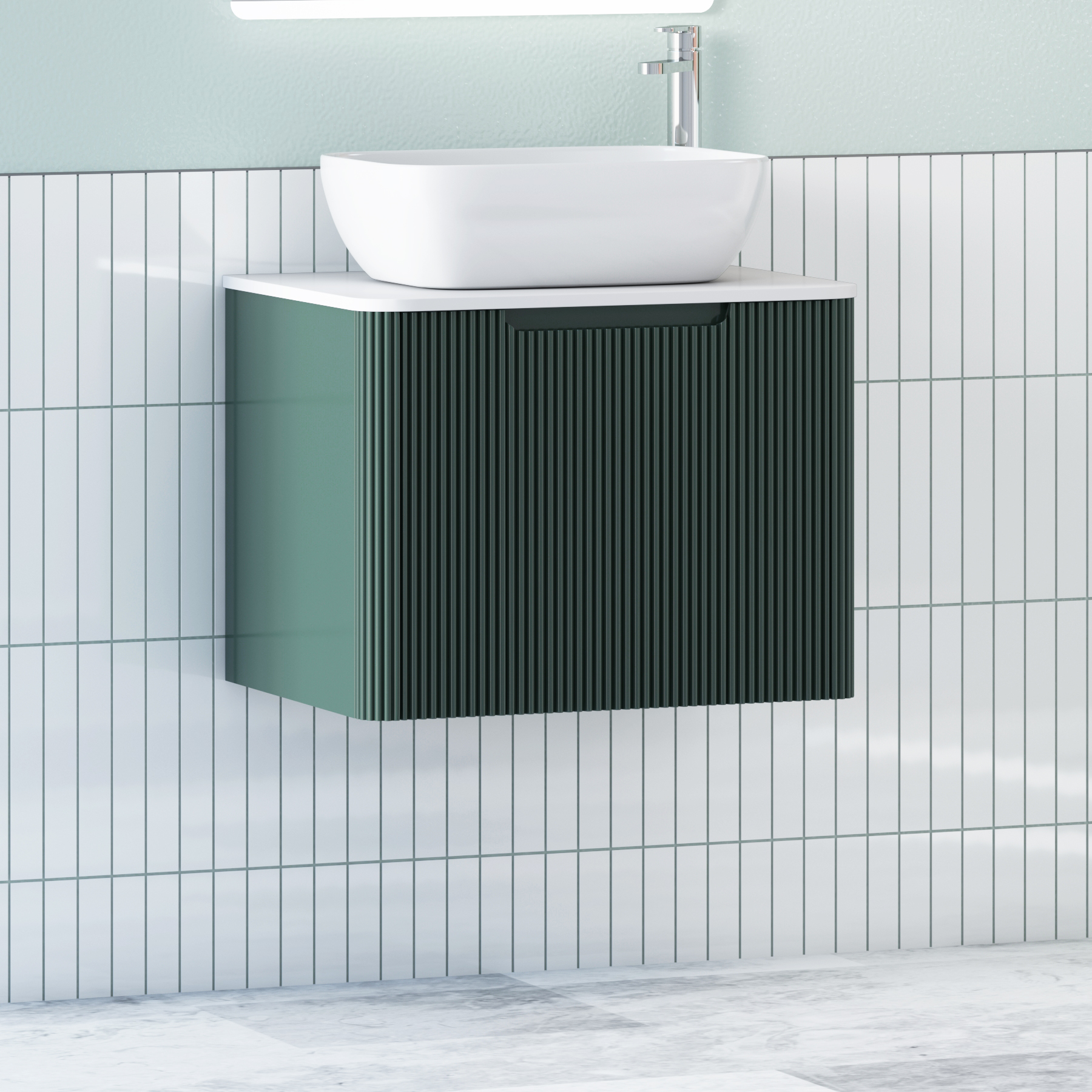 Avenza Deep Moss Green Wall Hung Vanity Unit 1 Drawer with Plain White Worktop & Multiple Basins