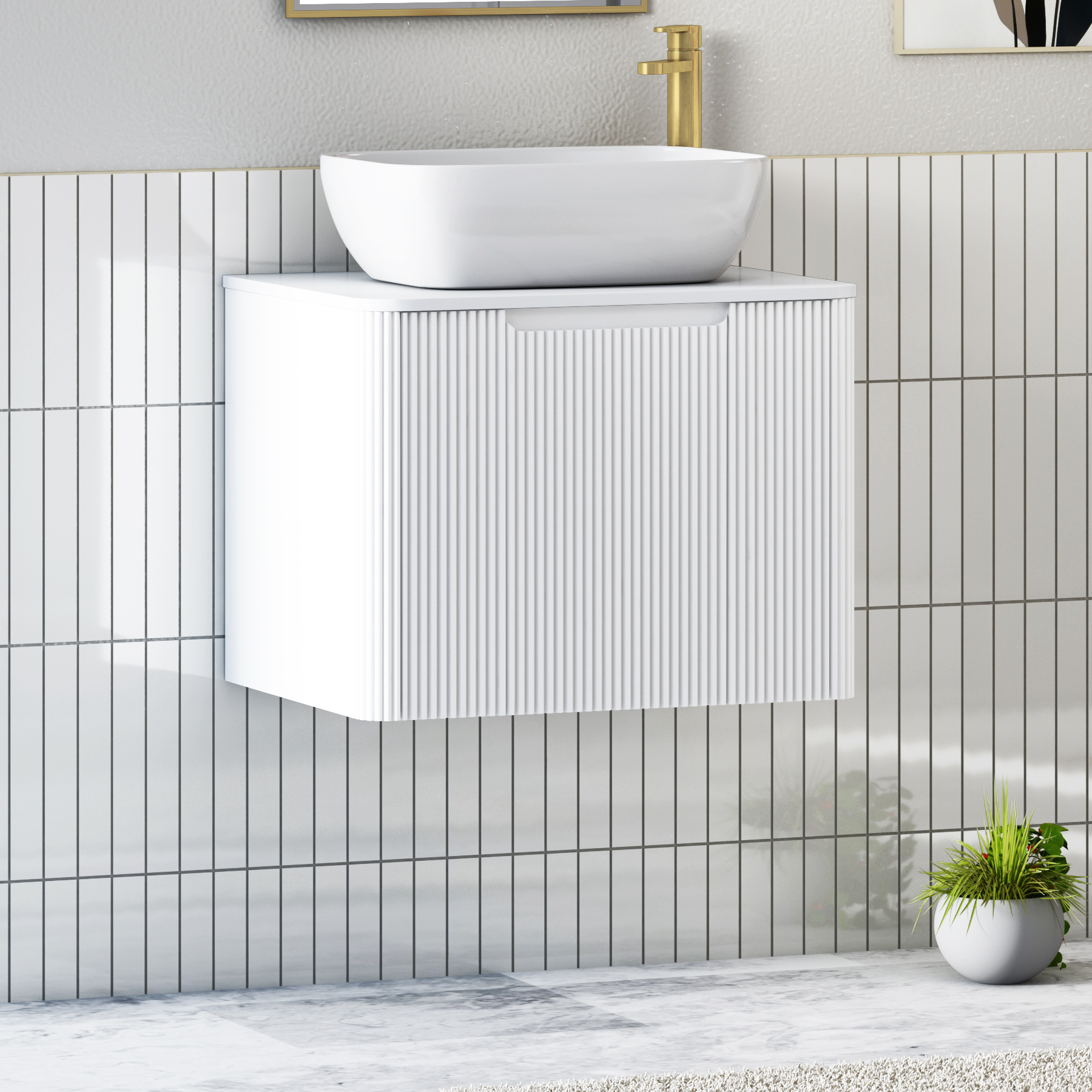 Avenza Matt White Wall Hung Vanity Unit 1 Drawer with Plain White Worktop & Multiple Basins
