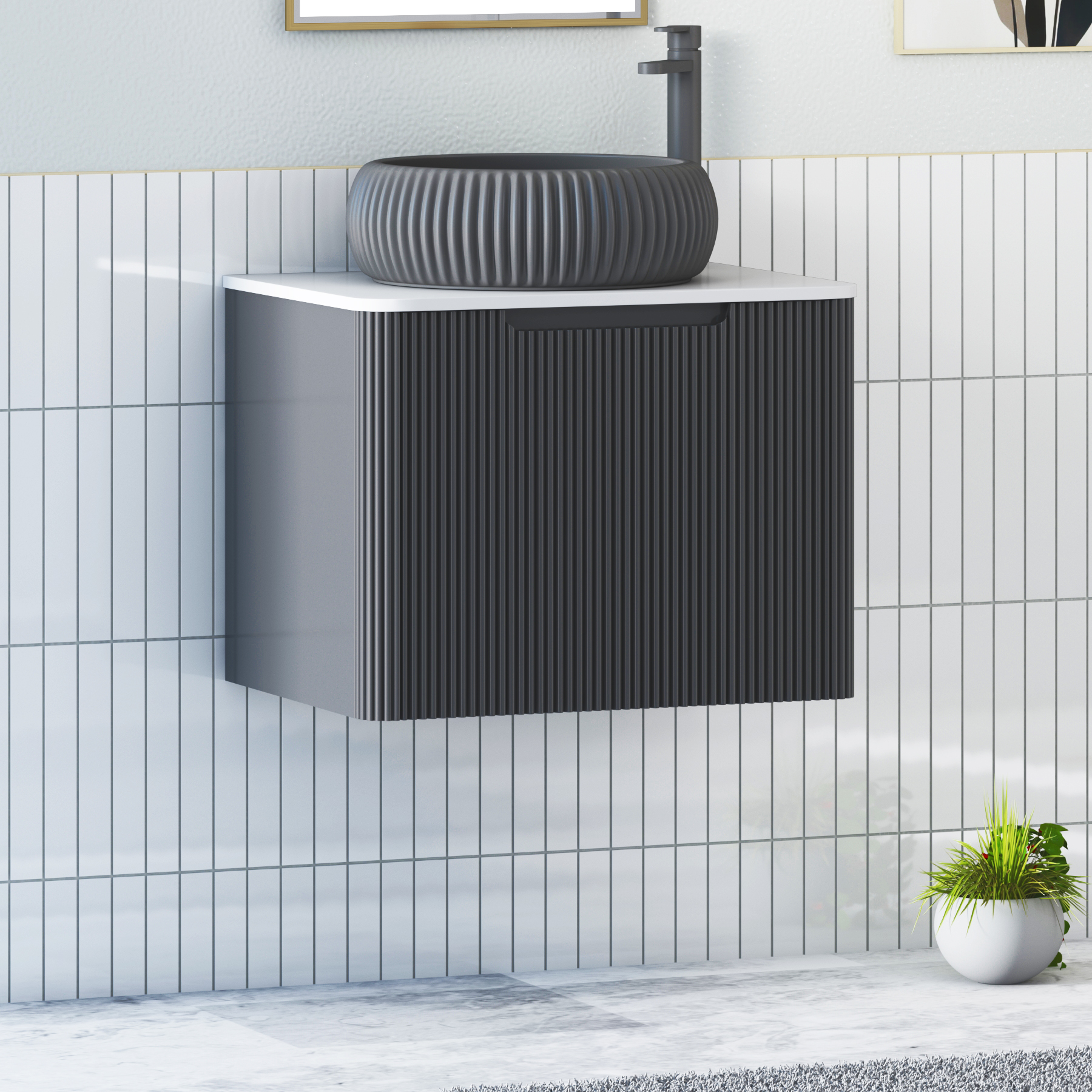 Avenza Matt Obsidian Black Wall Hung Vanity Unit 1 Drawer with Plain White Worktop & Multiple Basins