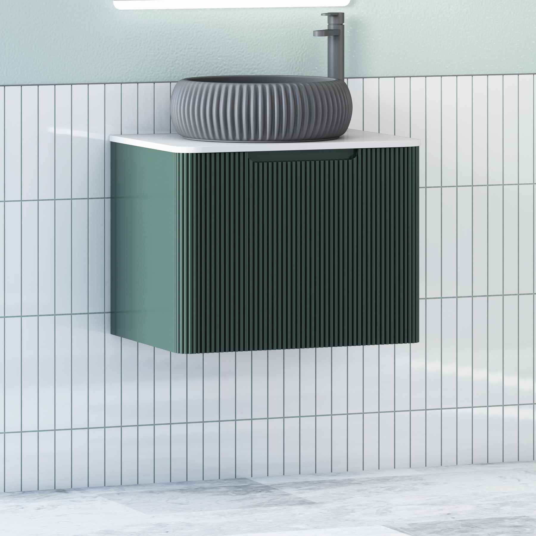 Avenza Deep Moss Green Wall Hung Vanity Unit 1 Drawer with Plain White Worktop & Multiple Basins