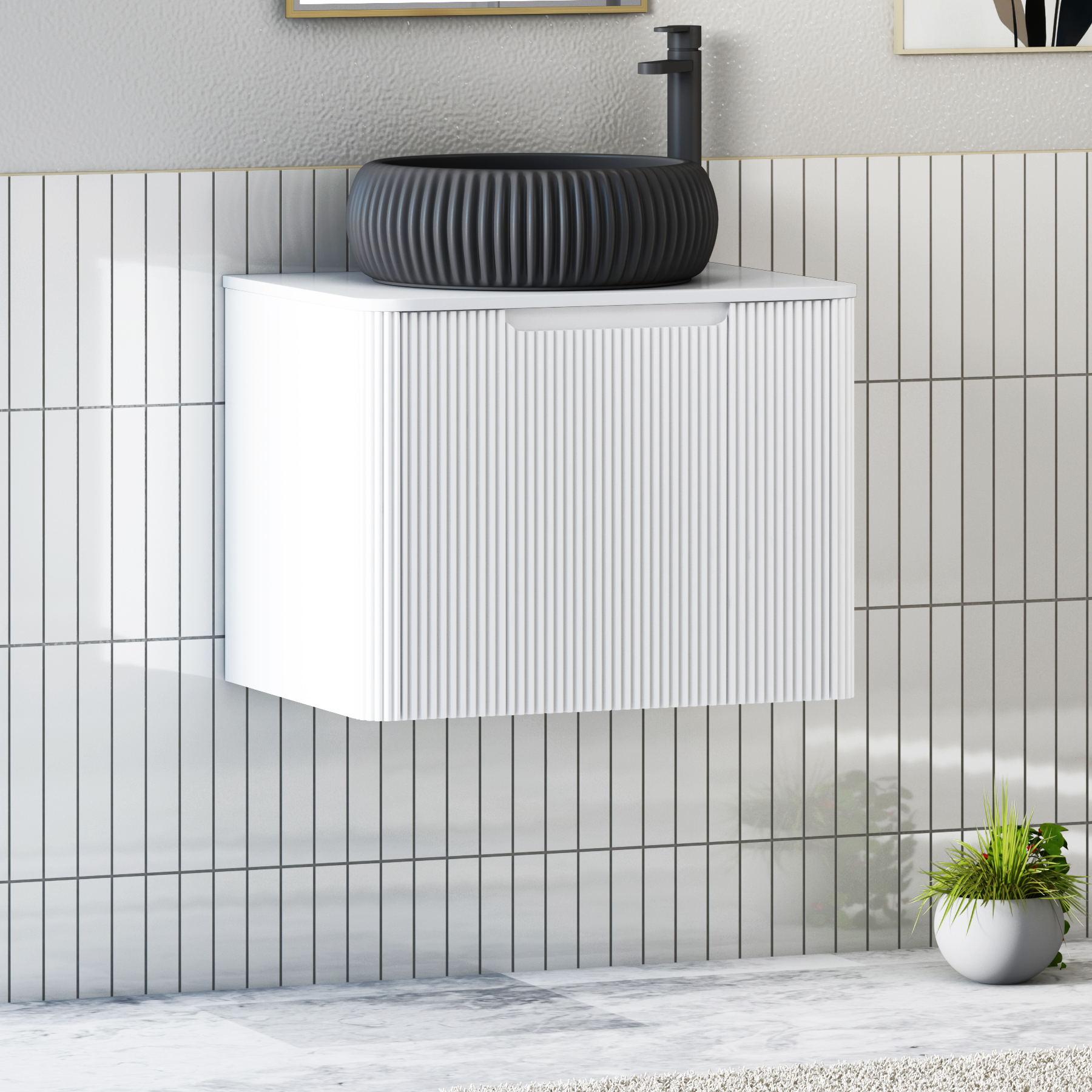 Avenza Matt White Wall Hung Vanity Unit 1 Drawer with Plain White Worktop & Multiple Basins