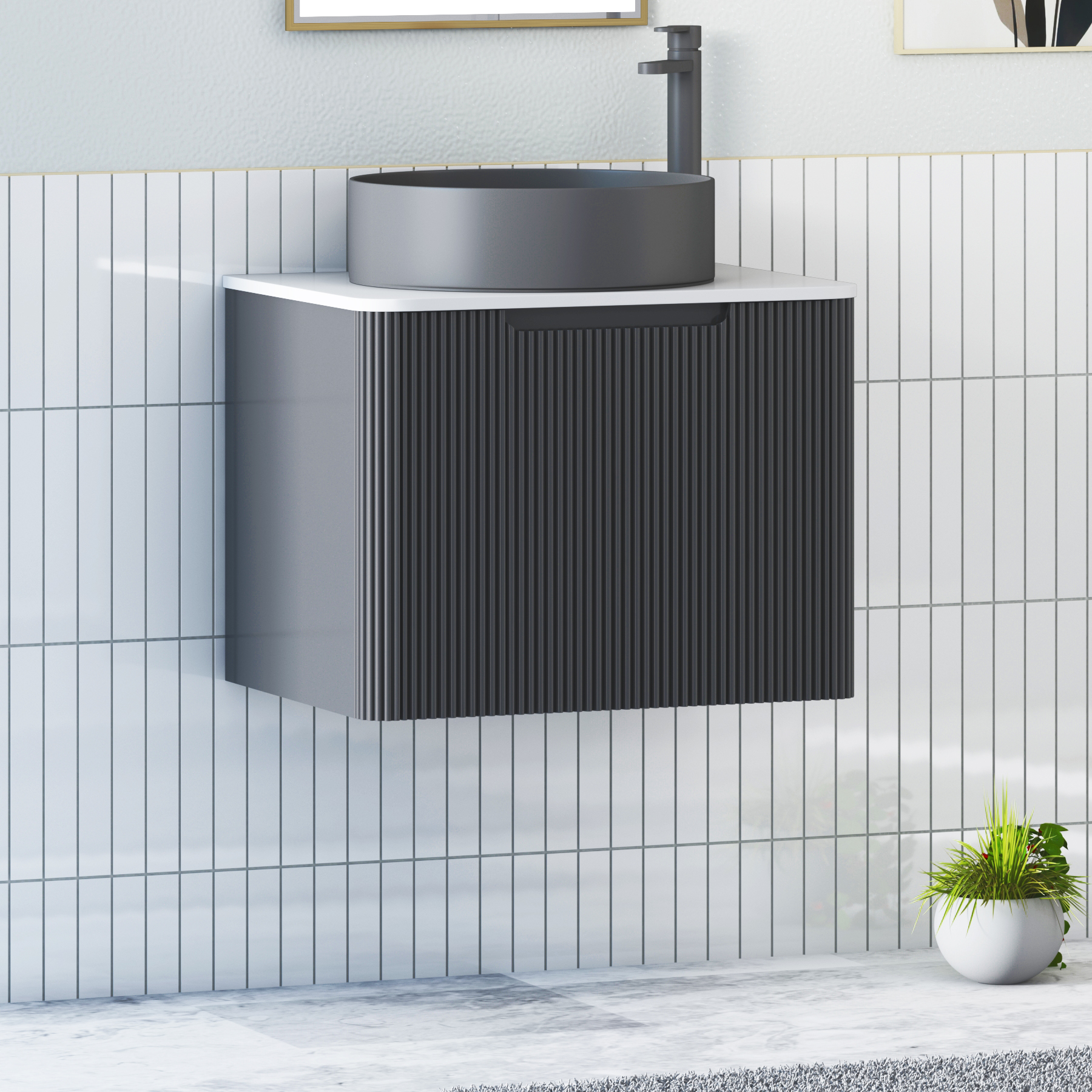 Avenza Matt Obsidian Black Wall Hung Vanity Unit 1 Drawer with Plain White Worktop & Multiple Basins