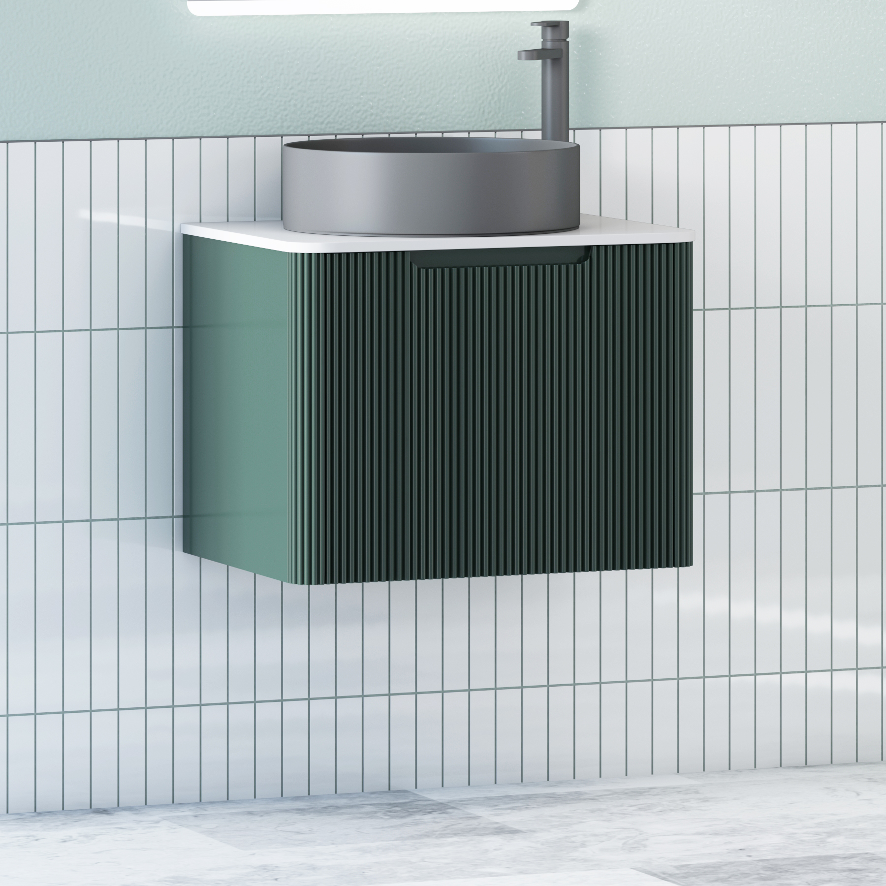 Avenza Deep Moss Green Wall Hung Vanity Unit 1 Drawer with Plain White Worktop & Multiple Basins