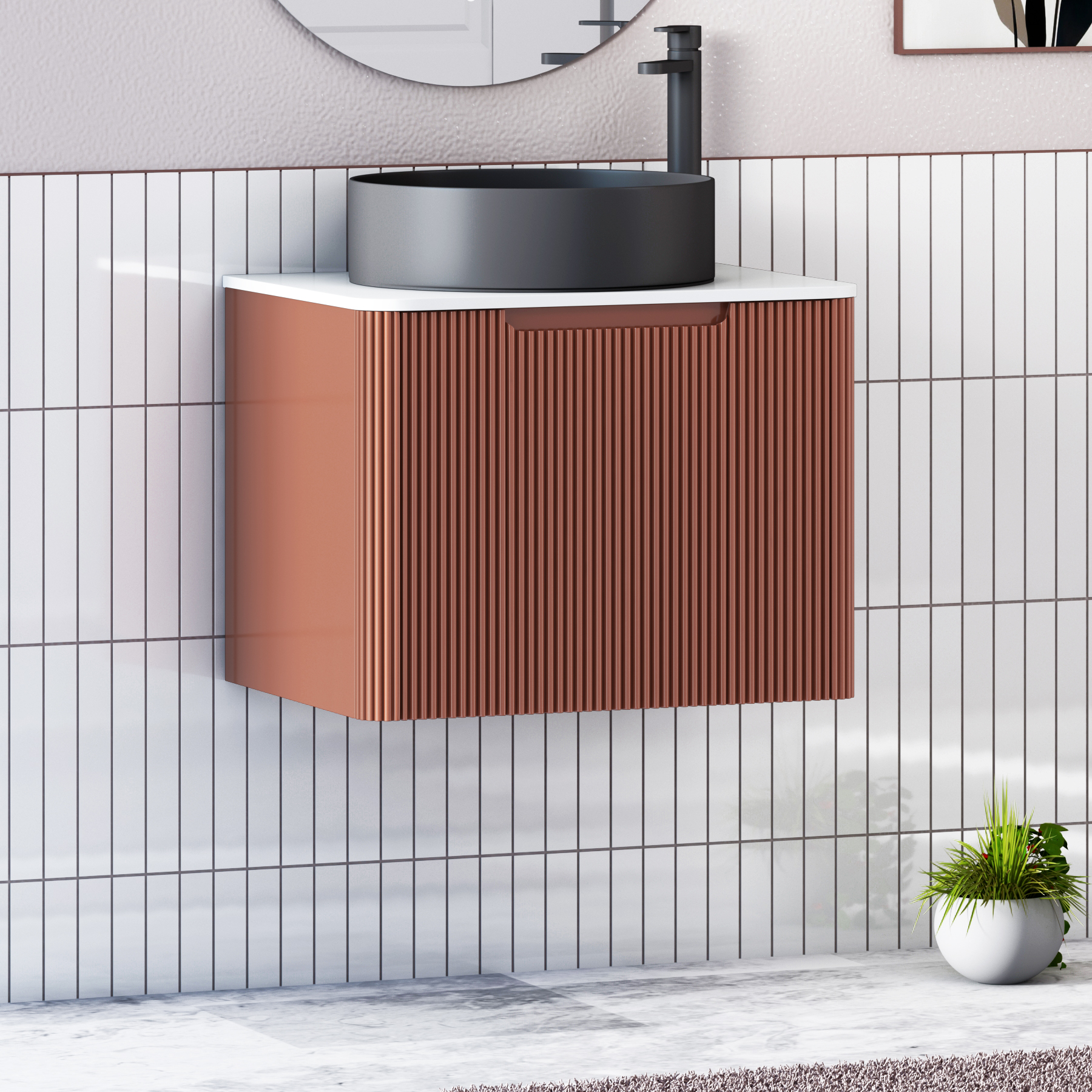 Avenza Terracotta Clay Wall Hung Vanity Unit 1 Drawer with Plain White Worktop & Multiple Basins
