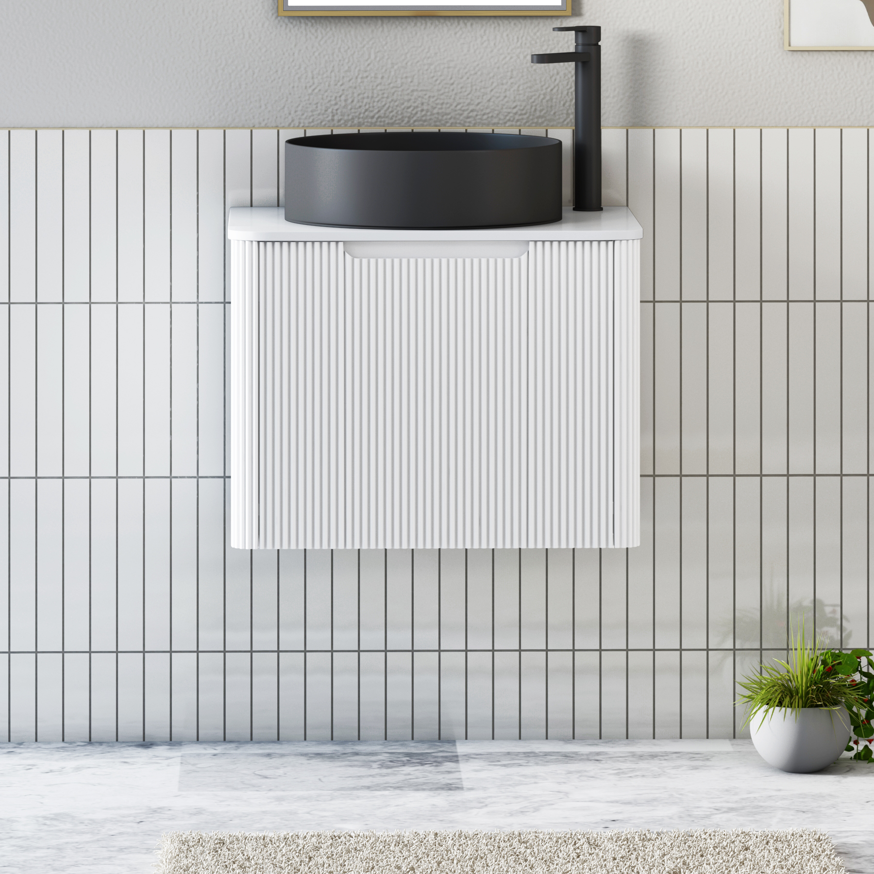 Avenza Matt White Wall Hung Vanity Unit 1 Drawer with Plain White Worktop & Multiple Basins