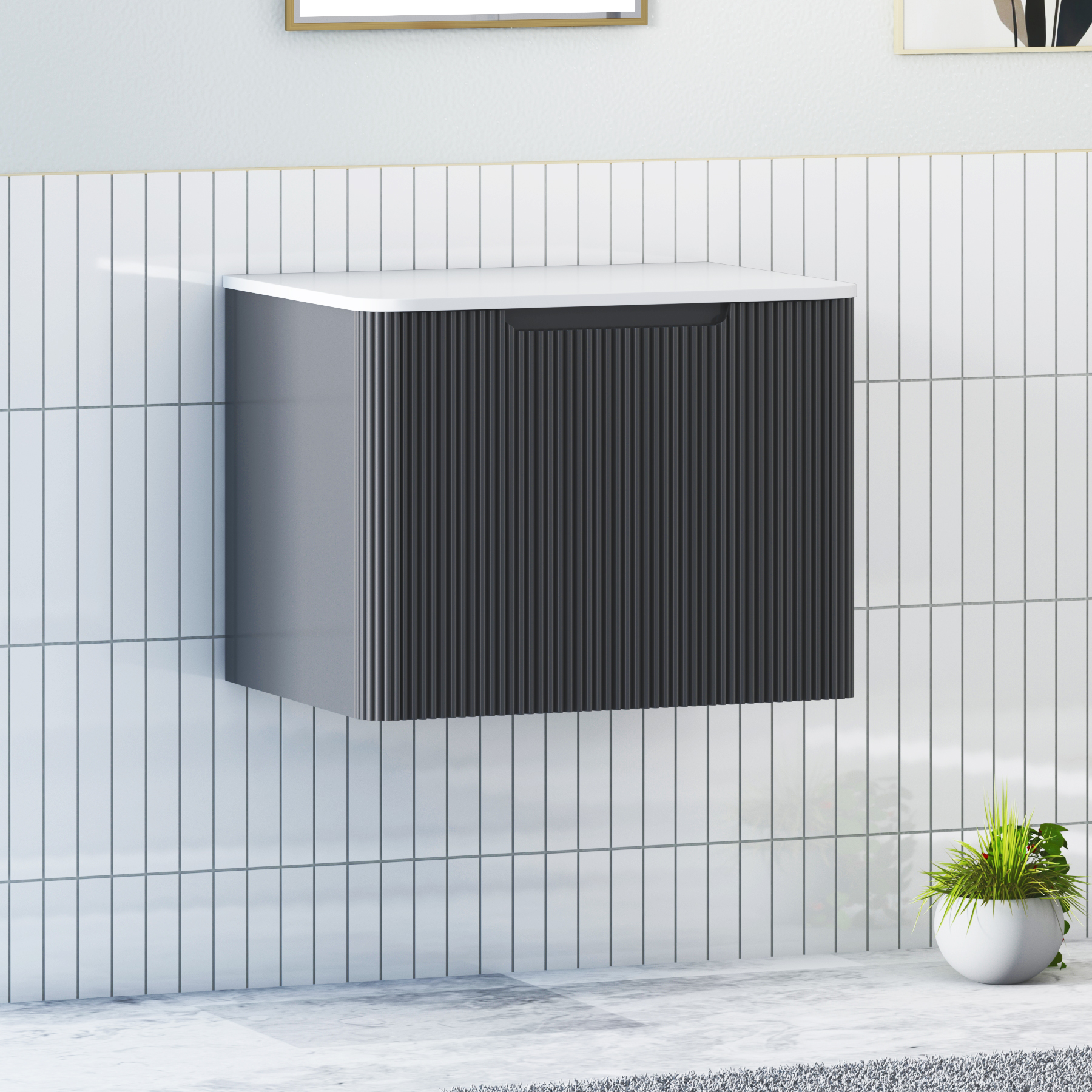 Avenza Matt Obsidian Black Wall Hung Vanity Unit 1 Drawer with Plain White Worktop & Multiple Basins
