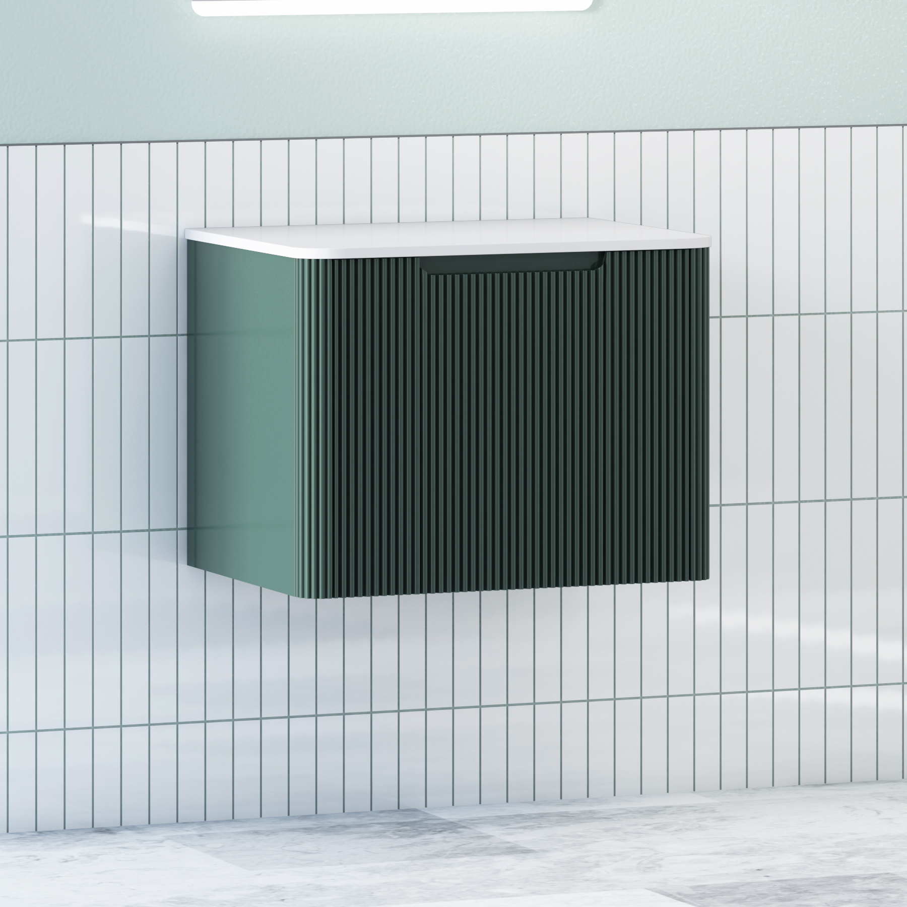 Avenza Deep Moss Green Wall Hung Vanity Unit 1 Drawer with Plain White Worktop & Multiple Basins