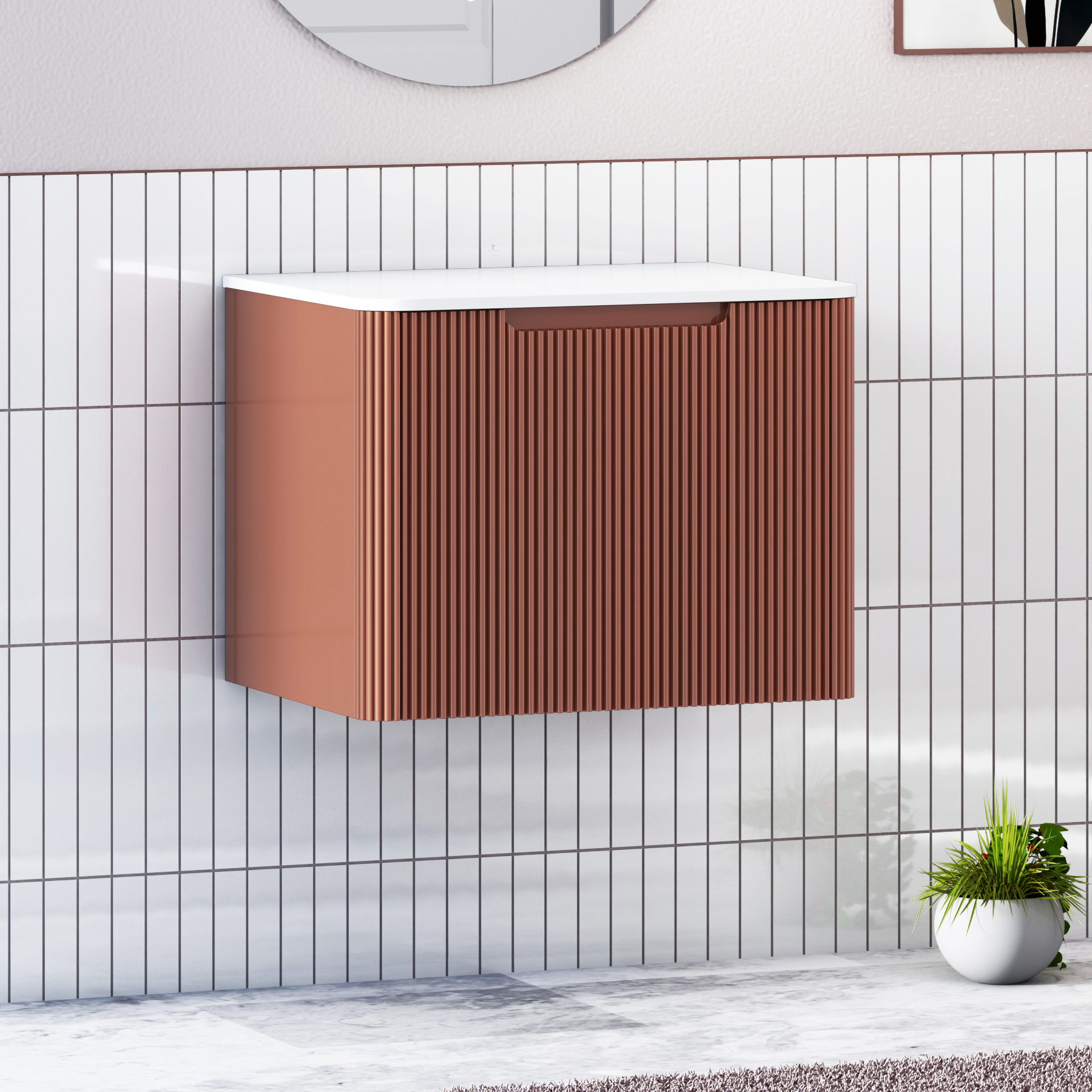 Avenza Terracotta Clay Wall Hung Vanity Unit 1 Drawer with Plain White Worktop & Multiple Basins