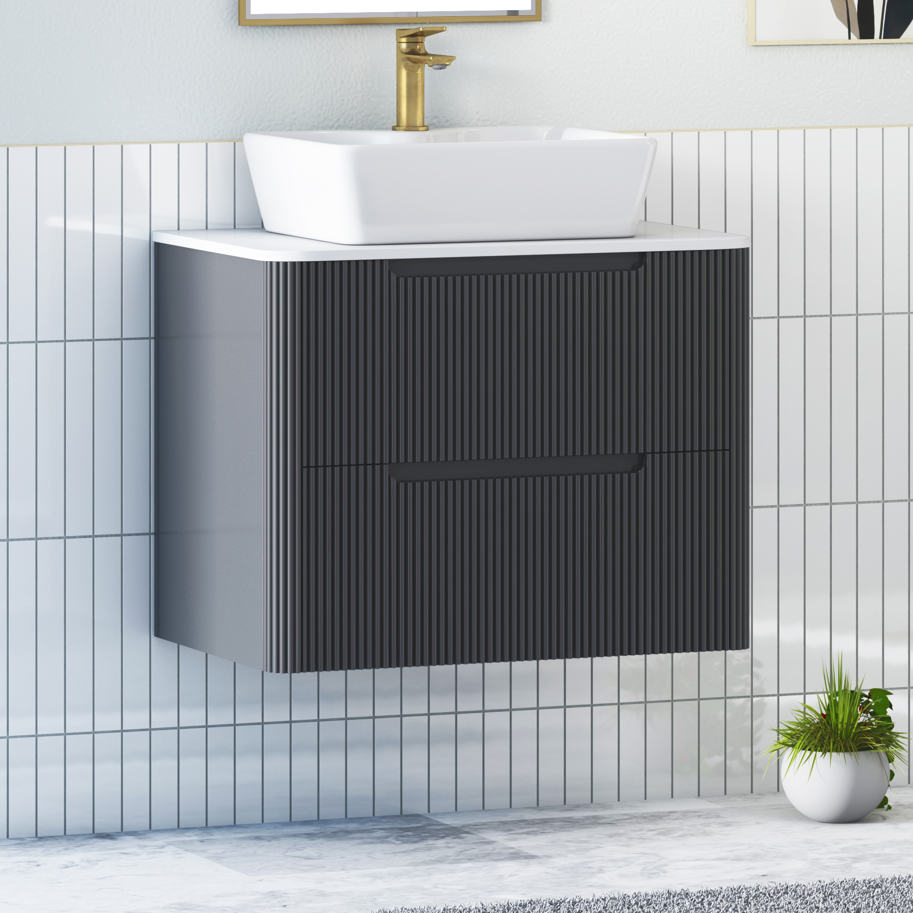Avenza Matt Obsidian Black Wall Hung Vanity Unit 2 Drawer with Plain White Worktop & Multiple Basins