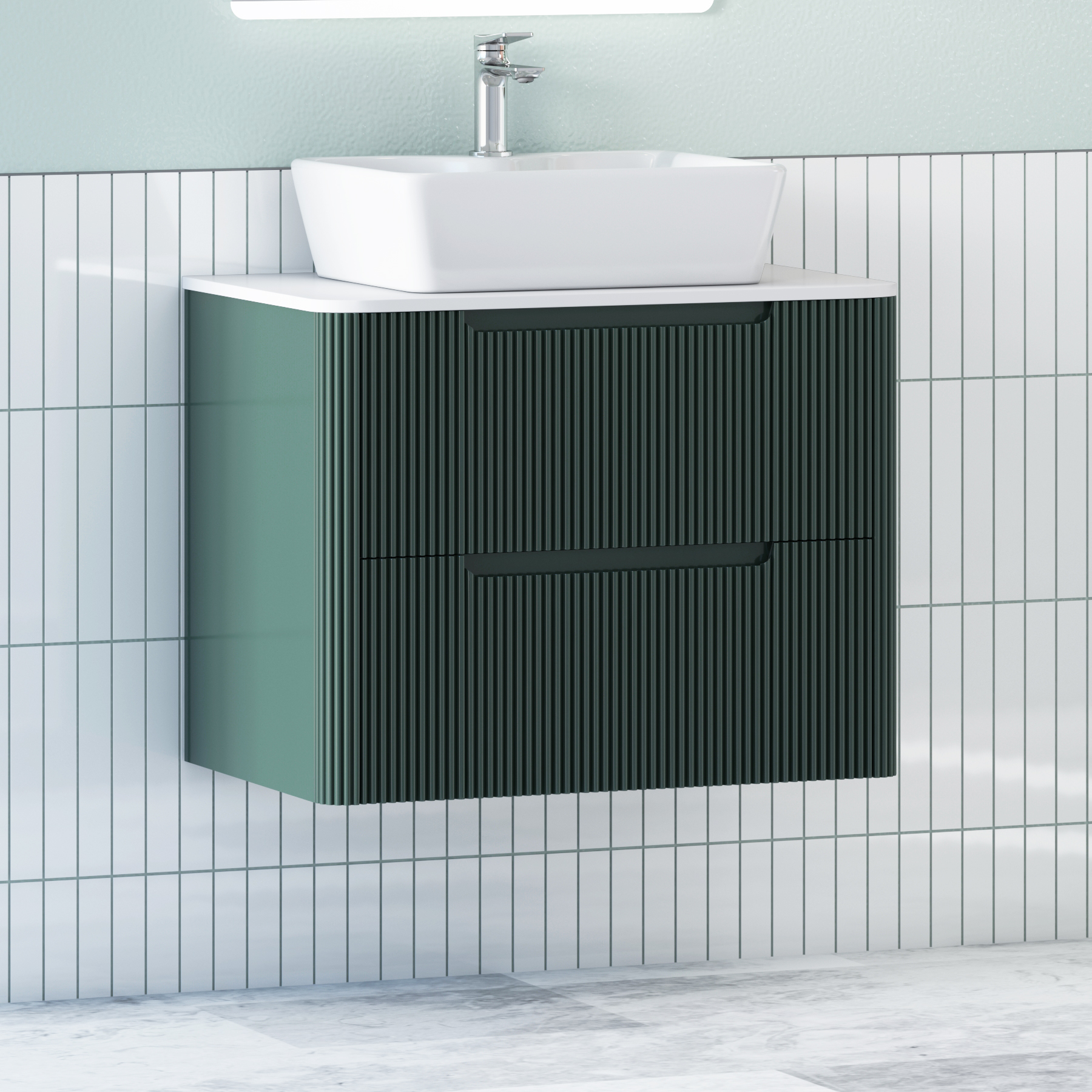 Avenza Deep Moss Green Wall Hung Vanity Unit 2 Drawer with Plain White Worktop & Multiple Basins