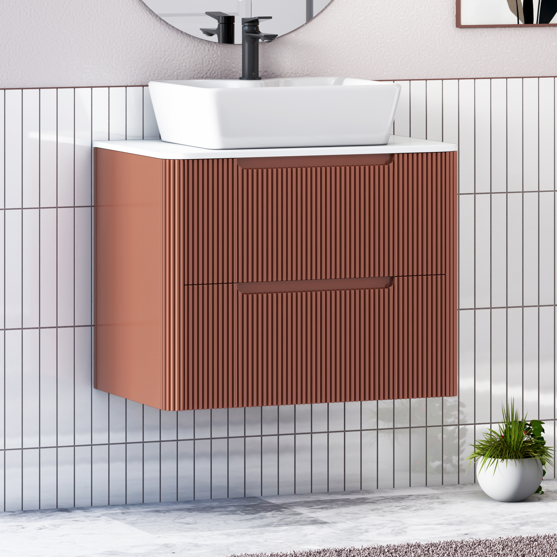 Avenza Terracotta Clay Wall Hung Vanity Unit 2 Drawer with Plain White Worktop & Multiple Basins