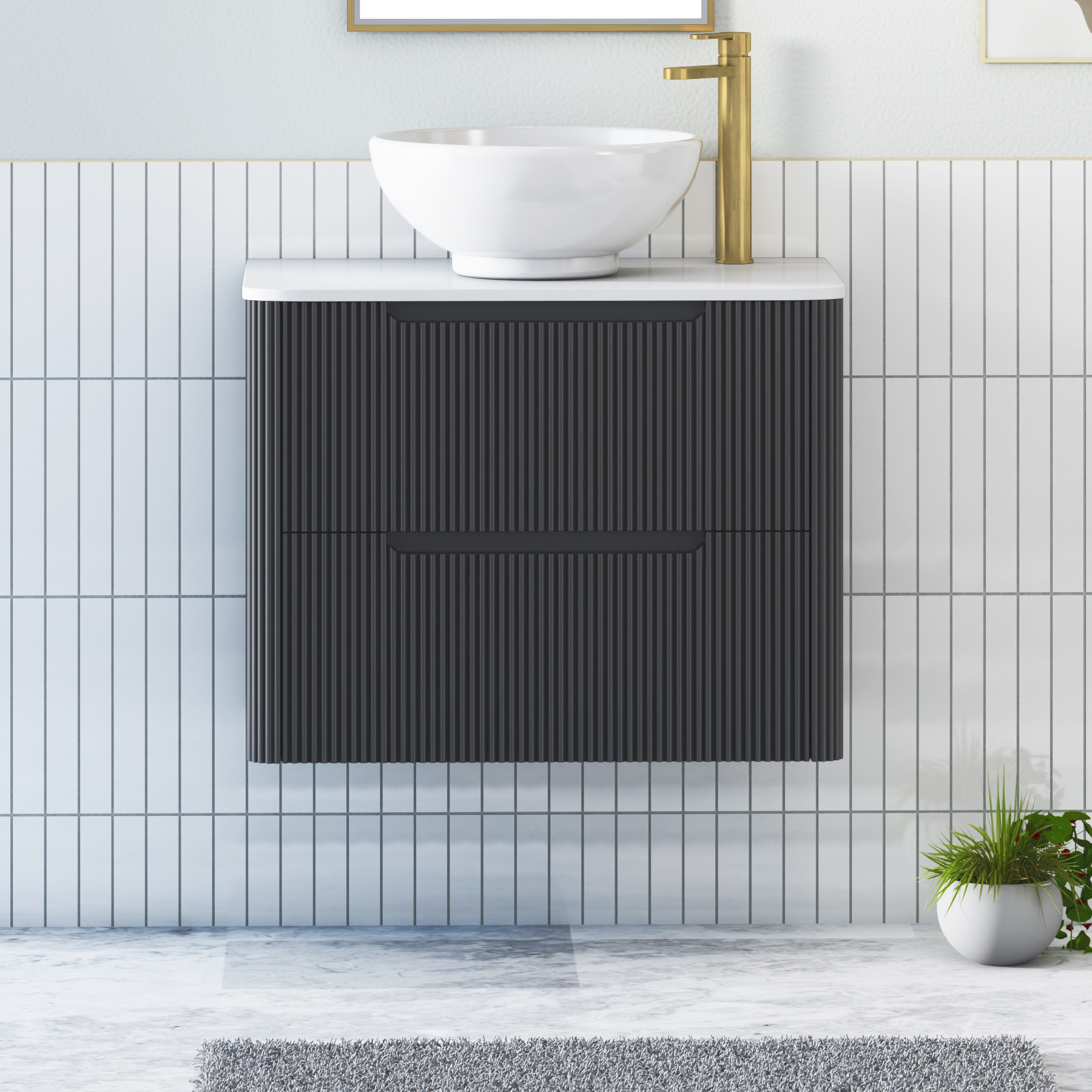 Avenza Matt Obsidian Black Wall Hung Vanity Unit 2 Drawer with Plain White Worktop & Multiple Basins