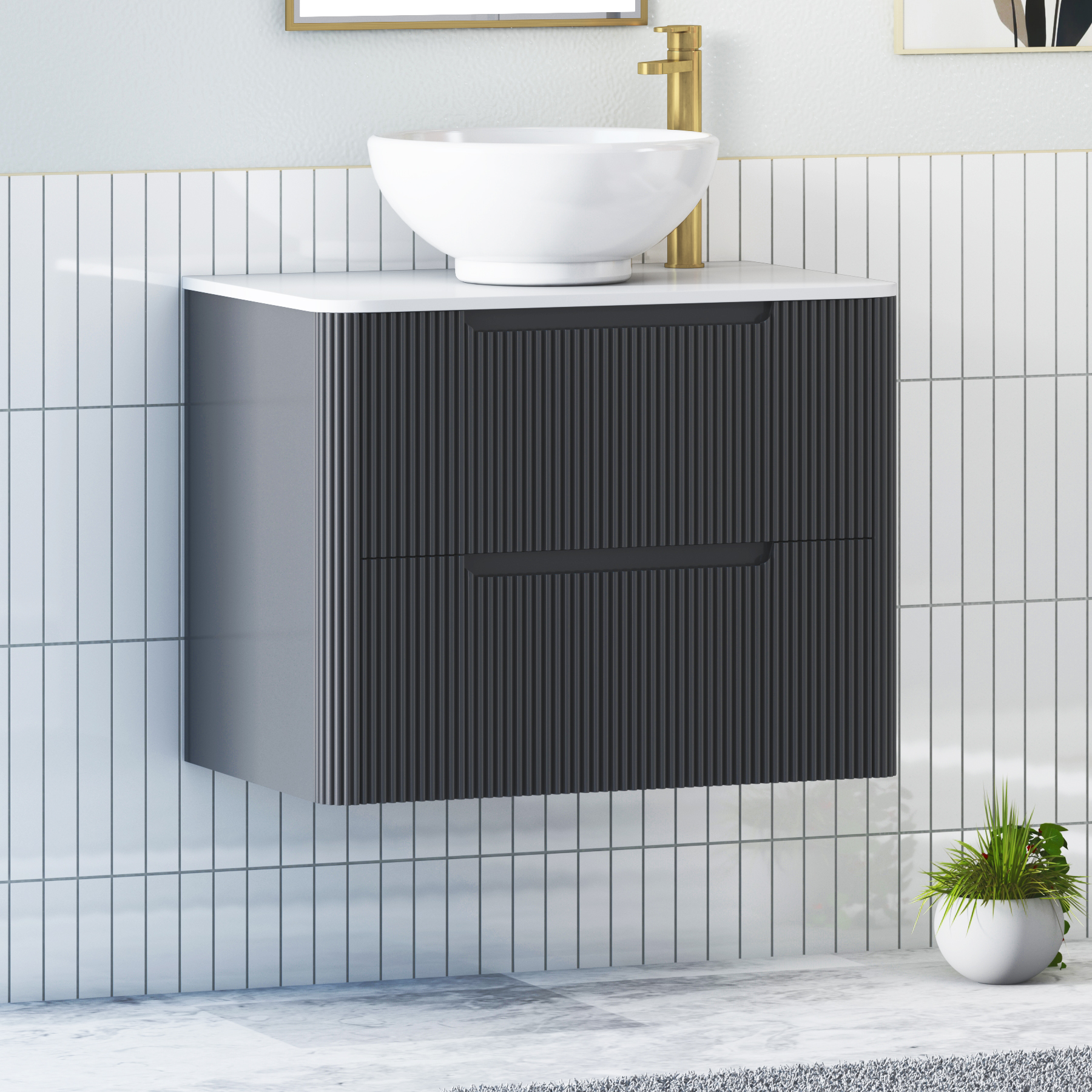 Avenza Matt Obsidian Black Wall Hung Vanity Unit 2 Drawer with Plain White Worktop & Multiple Basins