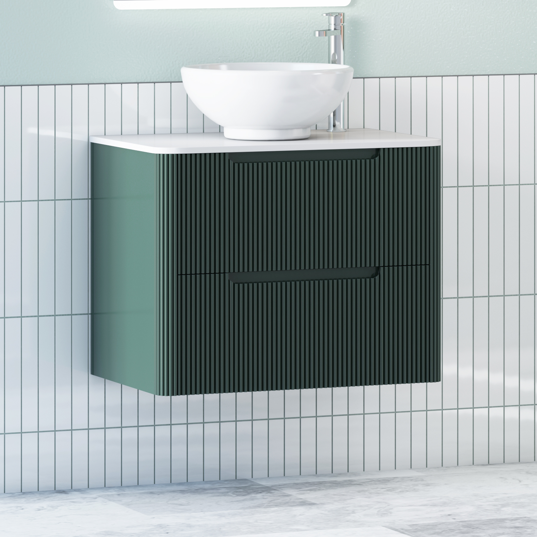 Avenza Deep Moss Green Wall Hung Vanity Unit 2 Drawer with Plain White Worktop & Multiple Basins