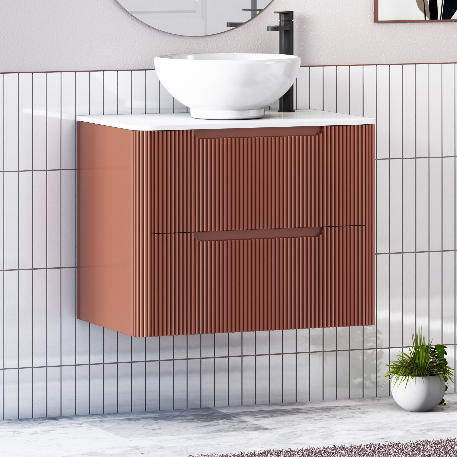 Avenza Terracotta Clay Wall Hung Vanity Unit 2 Drawer with Plain White Worktop & Multiple Basins