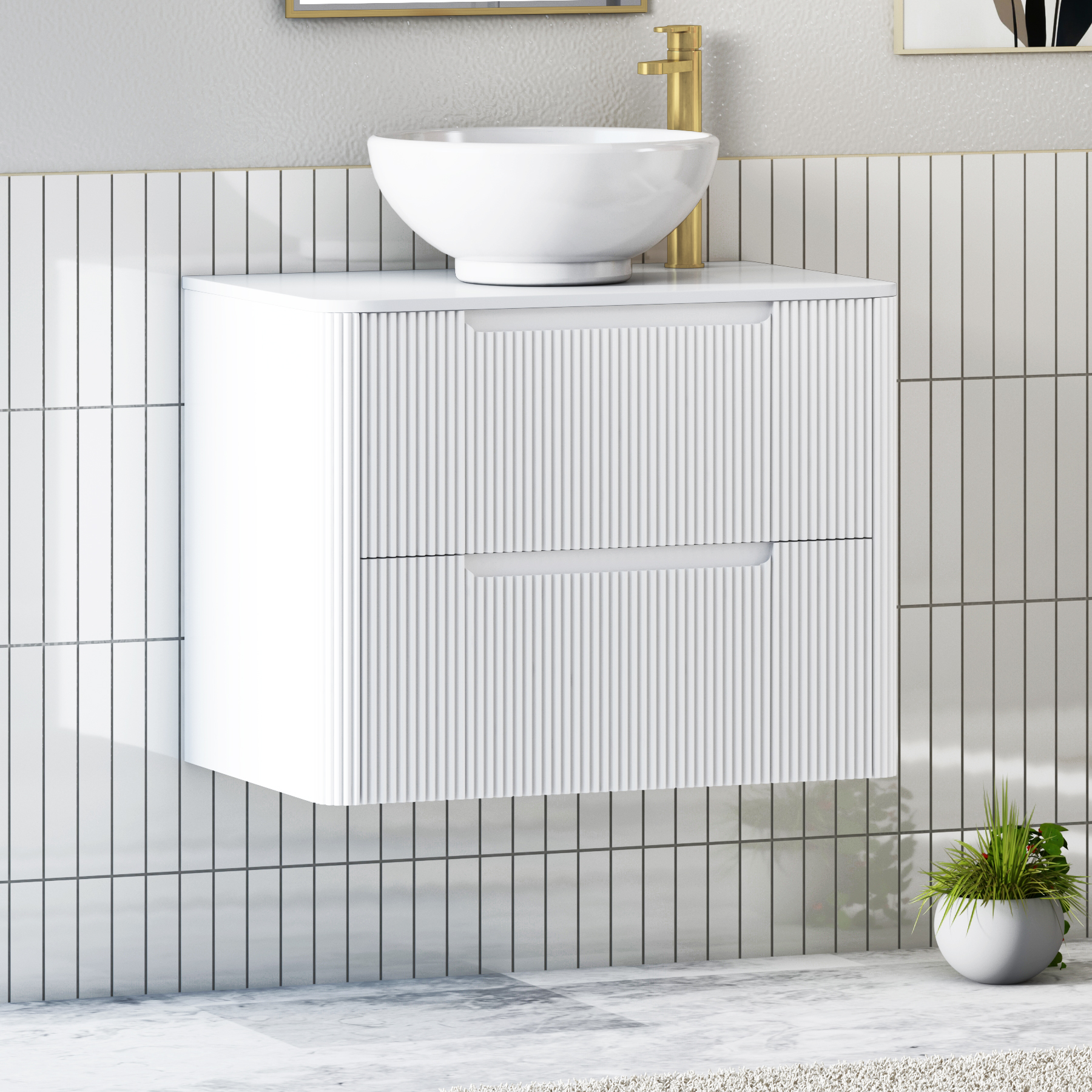 Avenza Matt White Wall Hung Vanity Unit 2 Drawer with Plain White Worktop & Multiple Basins