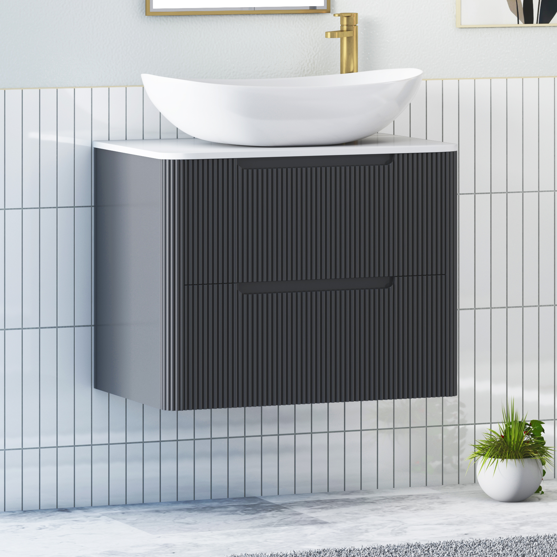 Avenza Matt Obsidian Black Wall Hung Vanity Unit 2 Drawer with Plain White Worktop & Multiple Basins