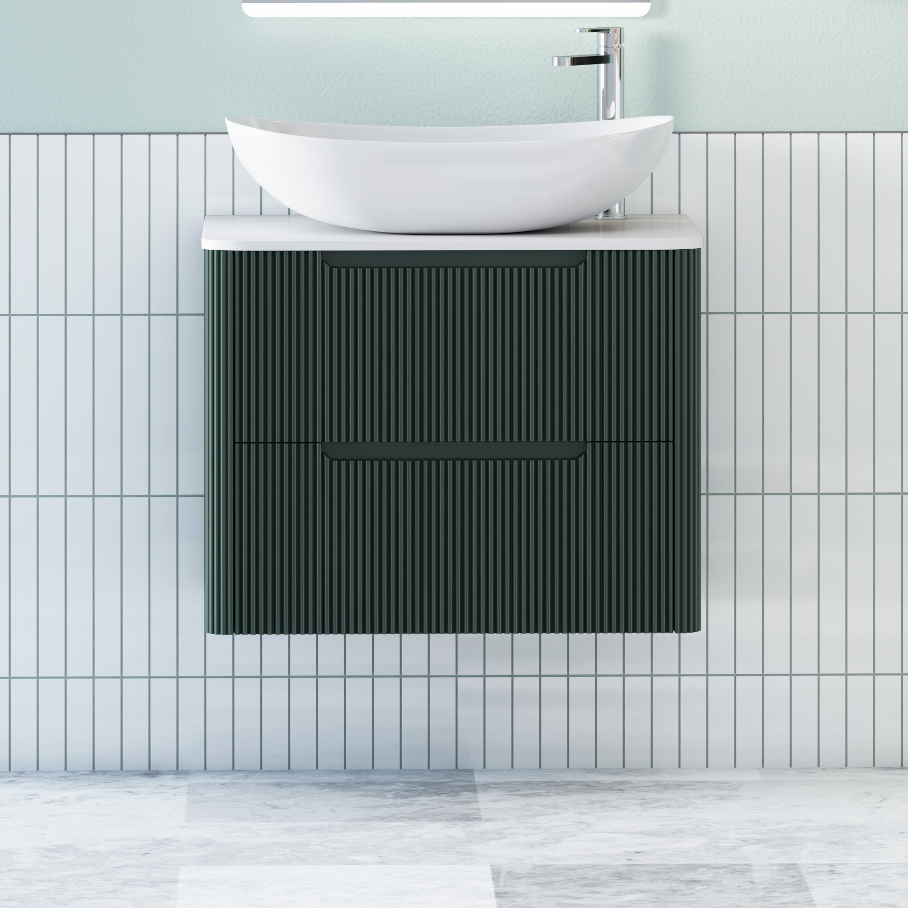 Avenza Deep Moss Green Wall Hung Vanity Unit 2 Drawer with Plain White Worktop & Multiple Basins