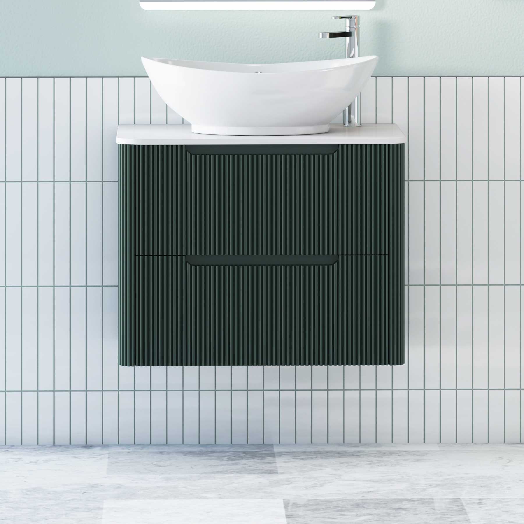 Avenza Deep Moss Green Wall Hung Vanity Unit 2 Drawer with Plain White Worktop & Multiple Basins