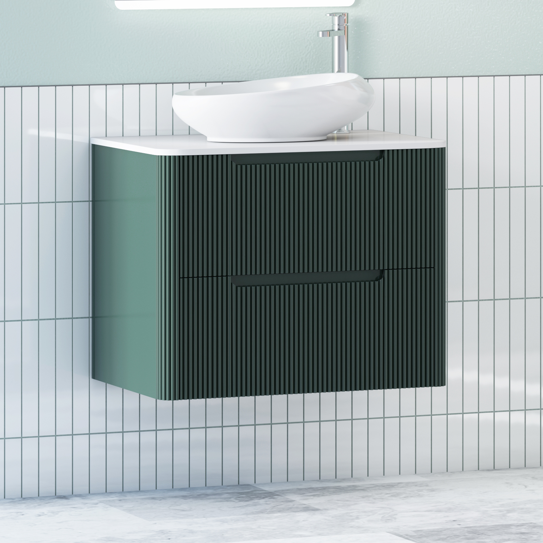 Avenza Deep Moss Green Wall Hung Vanity Unit 2 Drawer with Plain White Worktop & Multiple Basins