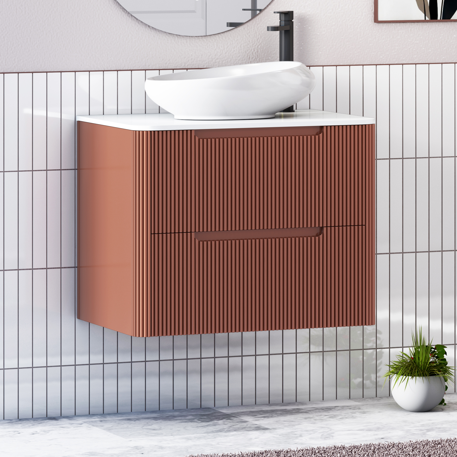 Avenza Terracotta Clay Wall Hung Vanity Unit 2 Drawer with Plain White Worktop & Multiple Basins