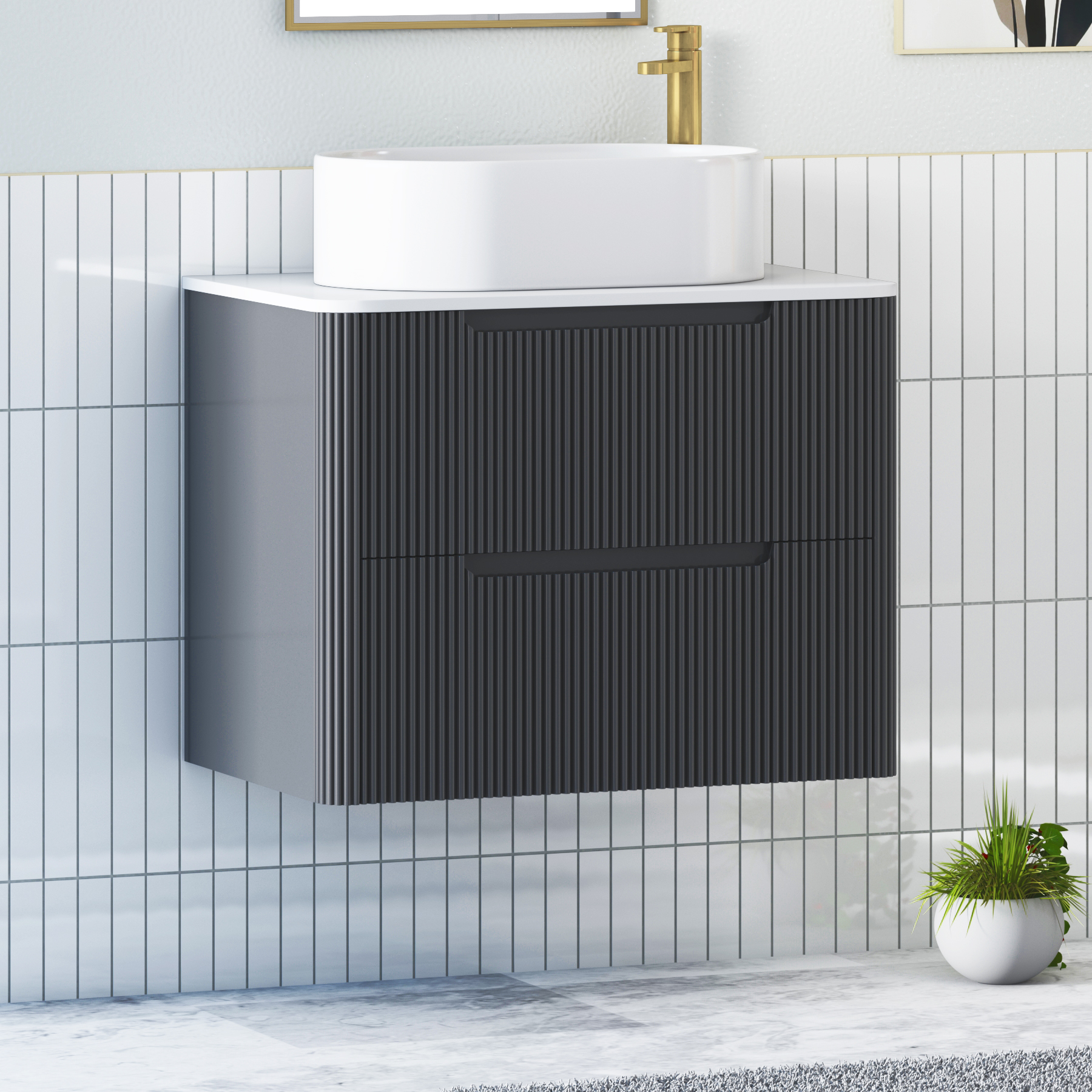 Avenza Matt Obsidian Black Wall Hung Vanity Unit 2 Drawer with Plain White Worktop & Multiple Basins