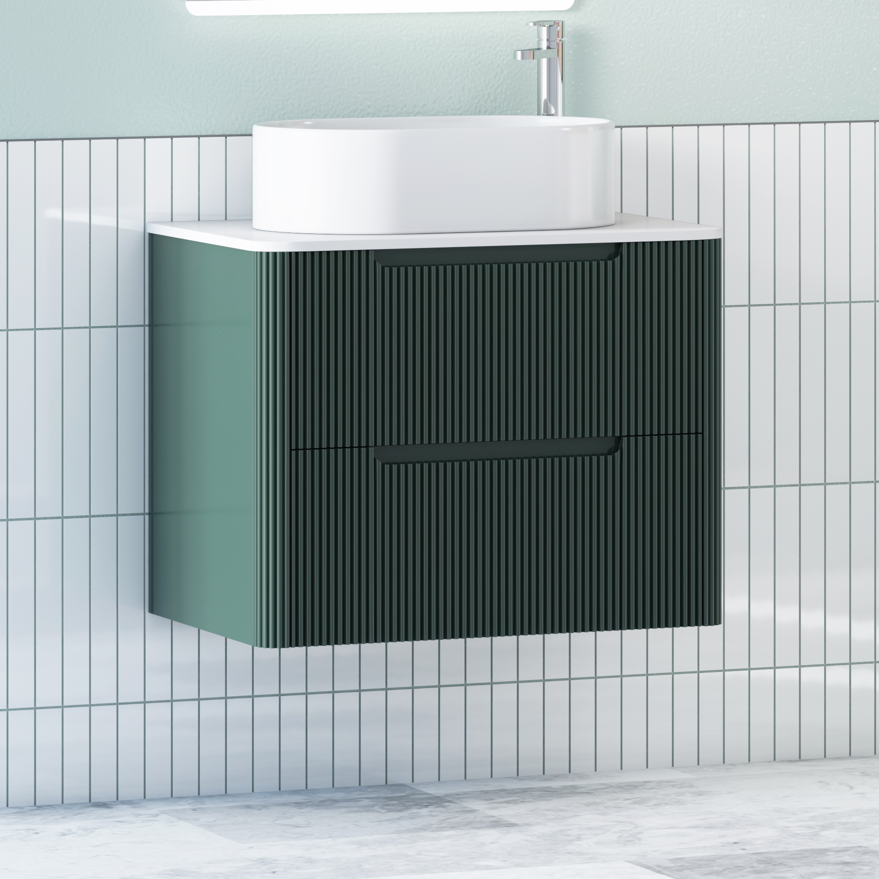 Avenza Deep Moss Green Wall Hung Vanity Unit 2 Drawer with Plain White Worktop & Multiple Basins