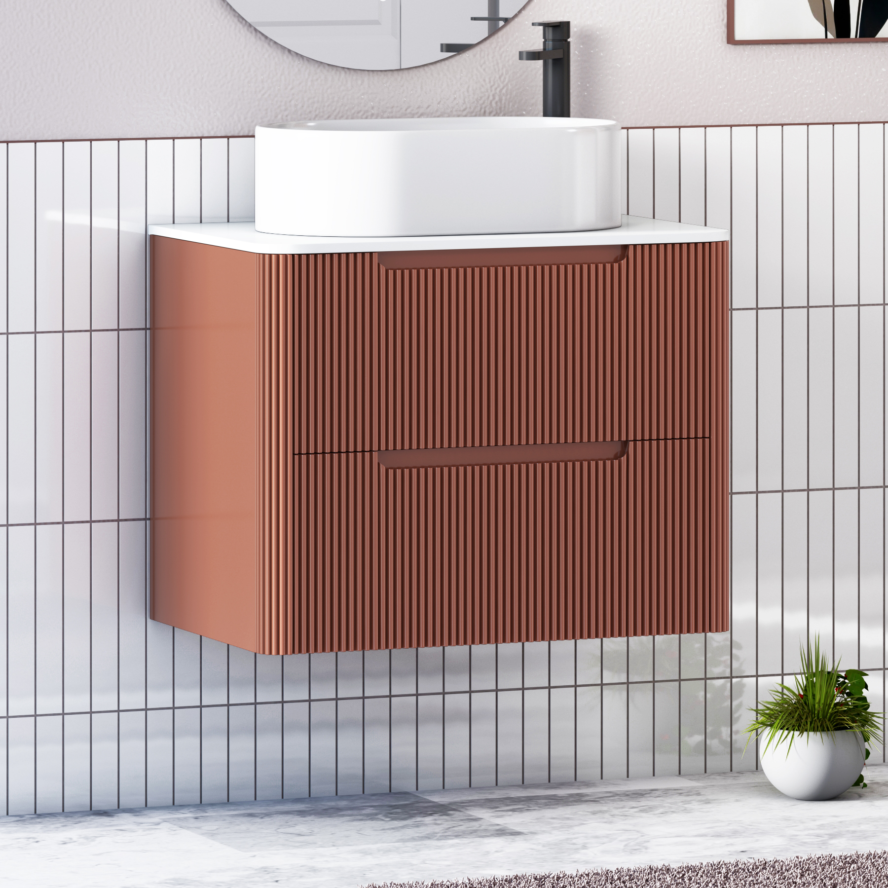 Avenza Terracotta Clay Wall Hung Vanity Unit 2 Drawer with Plain White Worktop & Multiple Basins