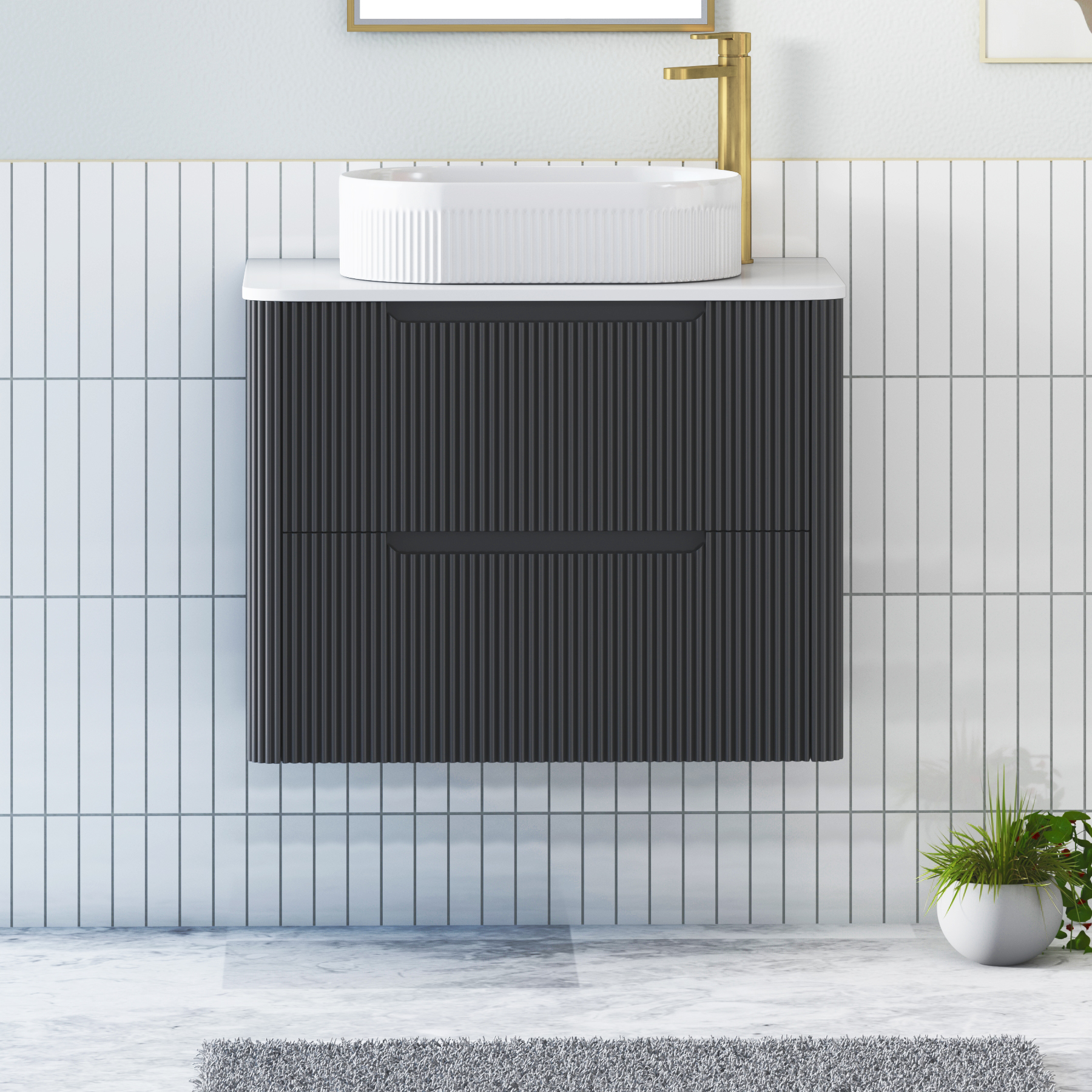 Avenza Matt Obsidian Black Wall Hung Vanity Unit 2 Drawer with Plain White Worktop & Multiple Basins