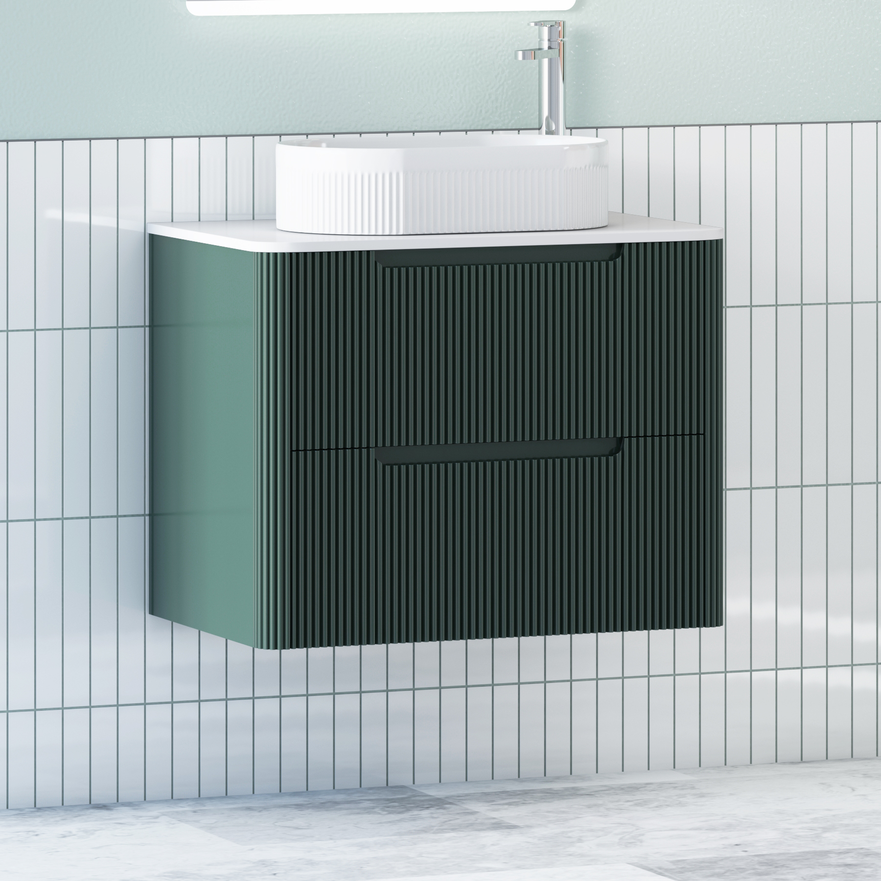 Avenza Deep Moss Green Wall Hung Vanity Unit 2 Drawer with Plain White Worktop & Multiple Basins