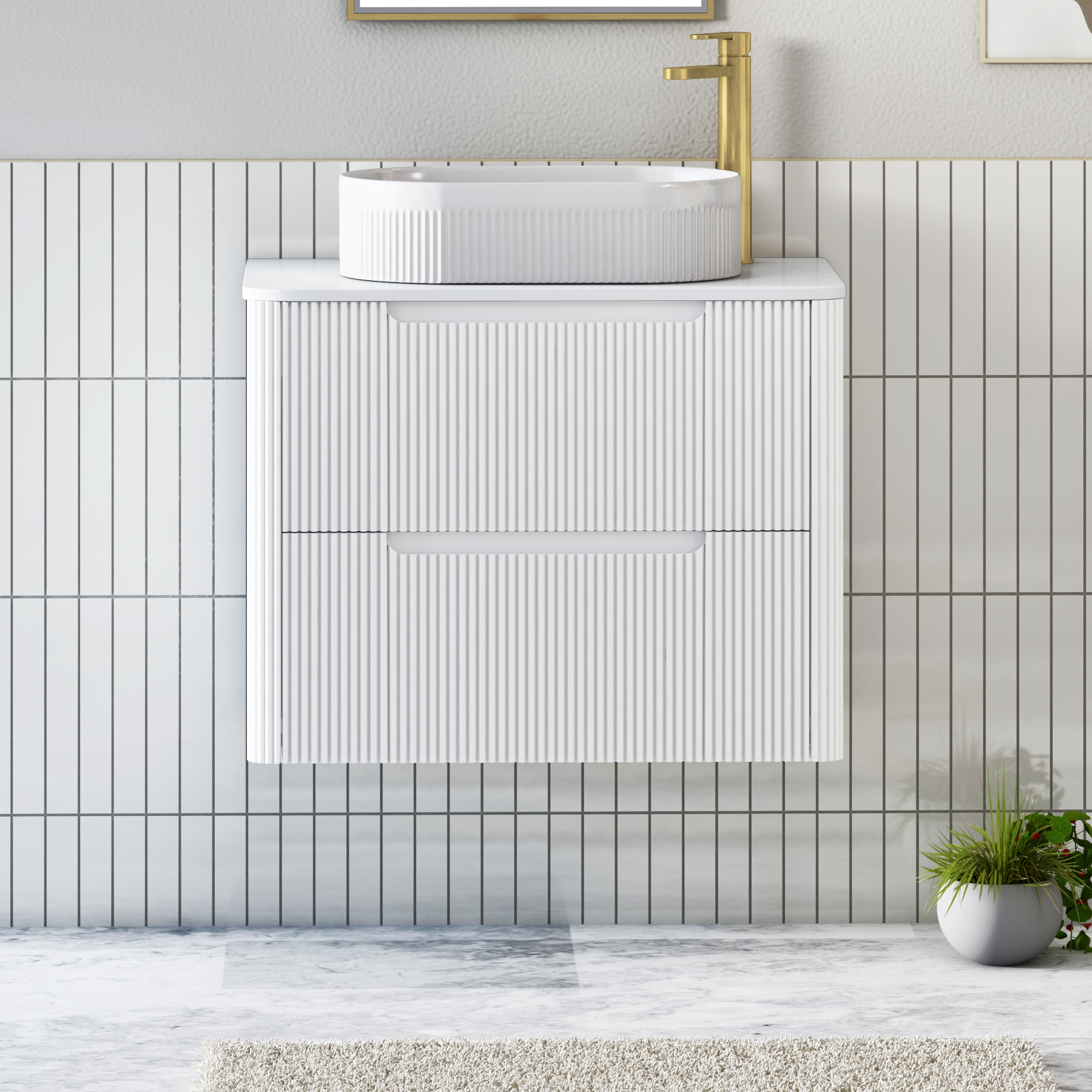 Avenza Matt White Wall Hung Vanity Unit 2 Drawer with Plain White Worktop & Multiple Basins