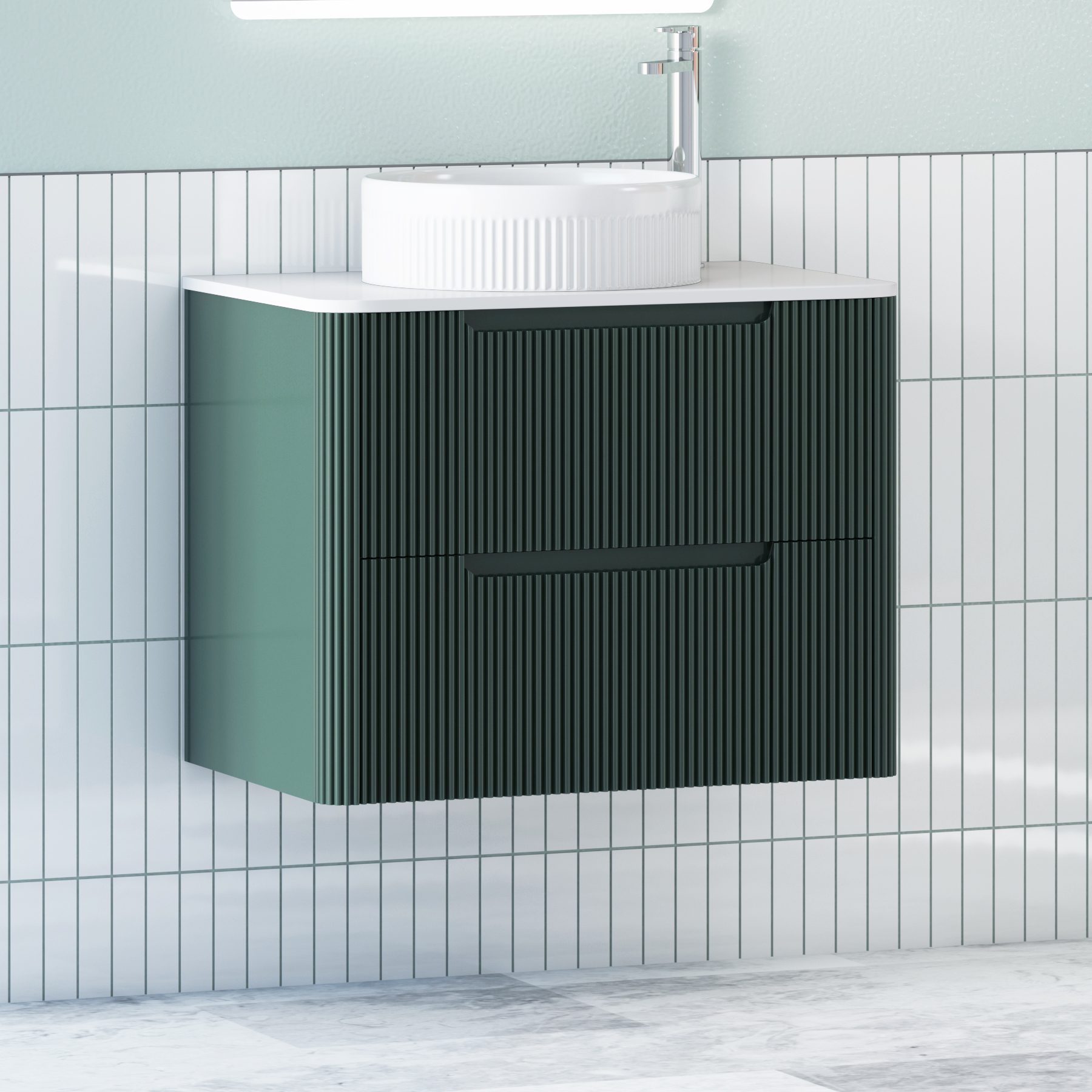 Avenza Deep Moss Green Wall Hung Vanity Unit 2 Drawer with Plain White Worktop & Multiple Basins