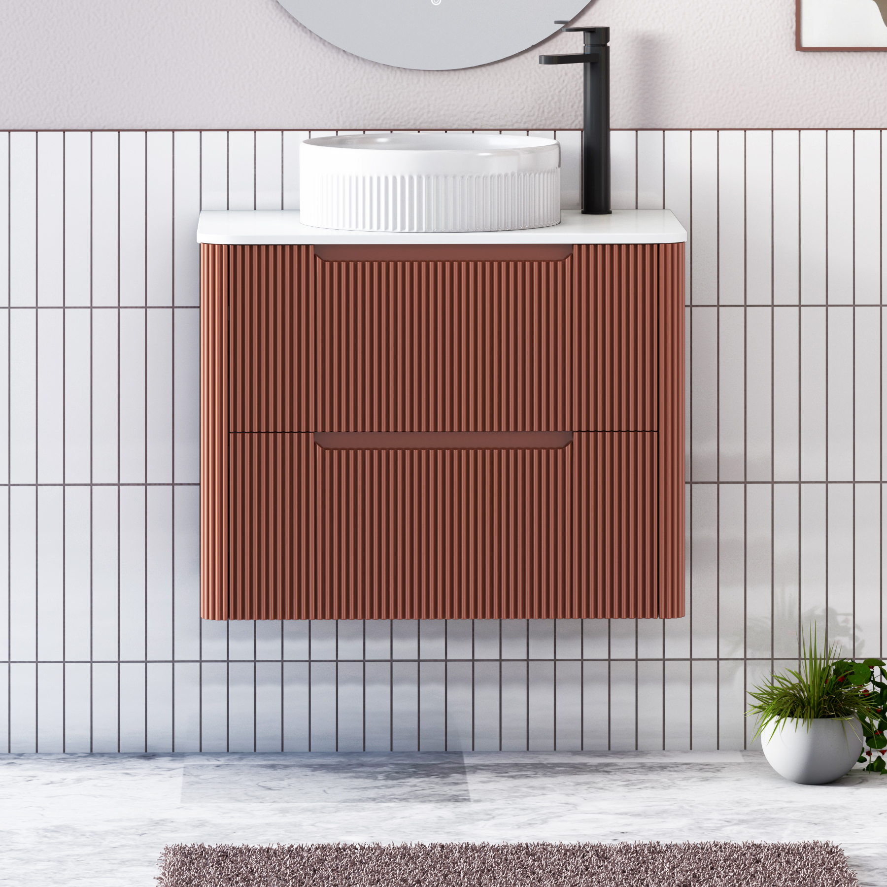 Avenza Terracotta Clay Wall Hung Vanity Unit 2 Drawer with Plain White Worktop & Multiple Basins