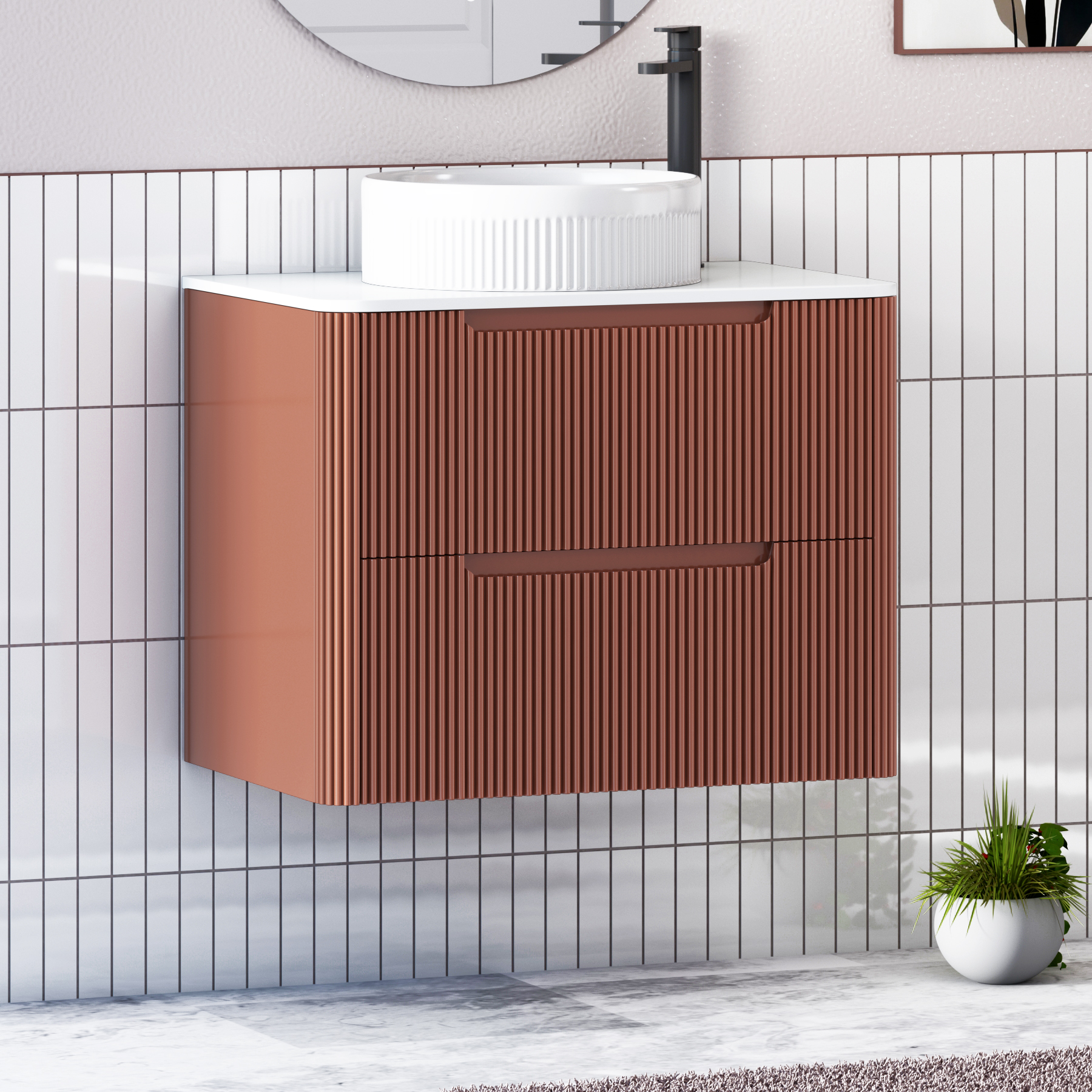Avenza Terracotta Clay Wall Hung Vanity Unit 2 Drawer with Plain White Worktop & Multiple Basins