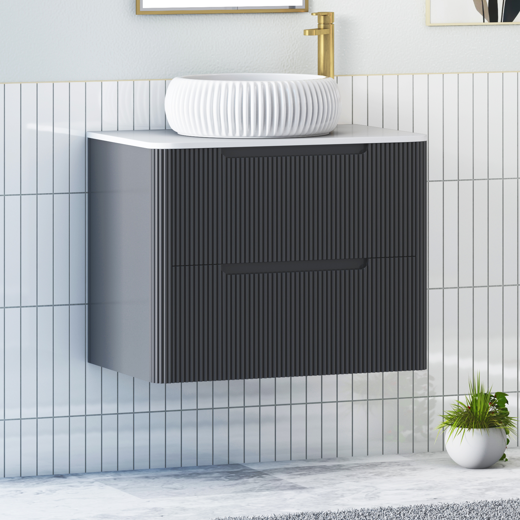 Avenza Matt Obsidian Black Wall Hung Vanity Unit 2 Drawer with Plain White Worktop & Multiple Basins