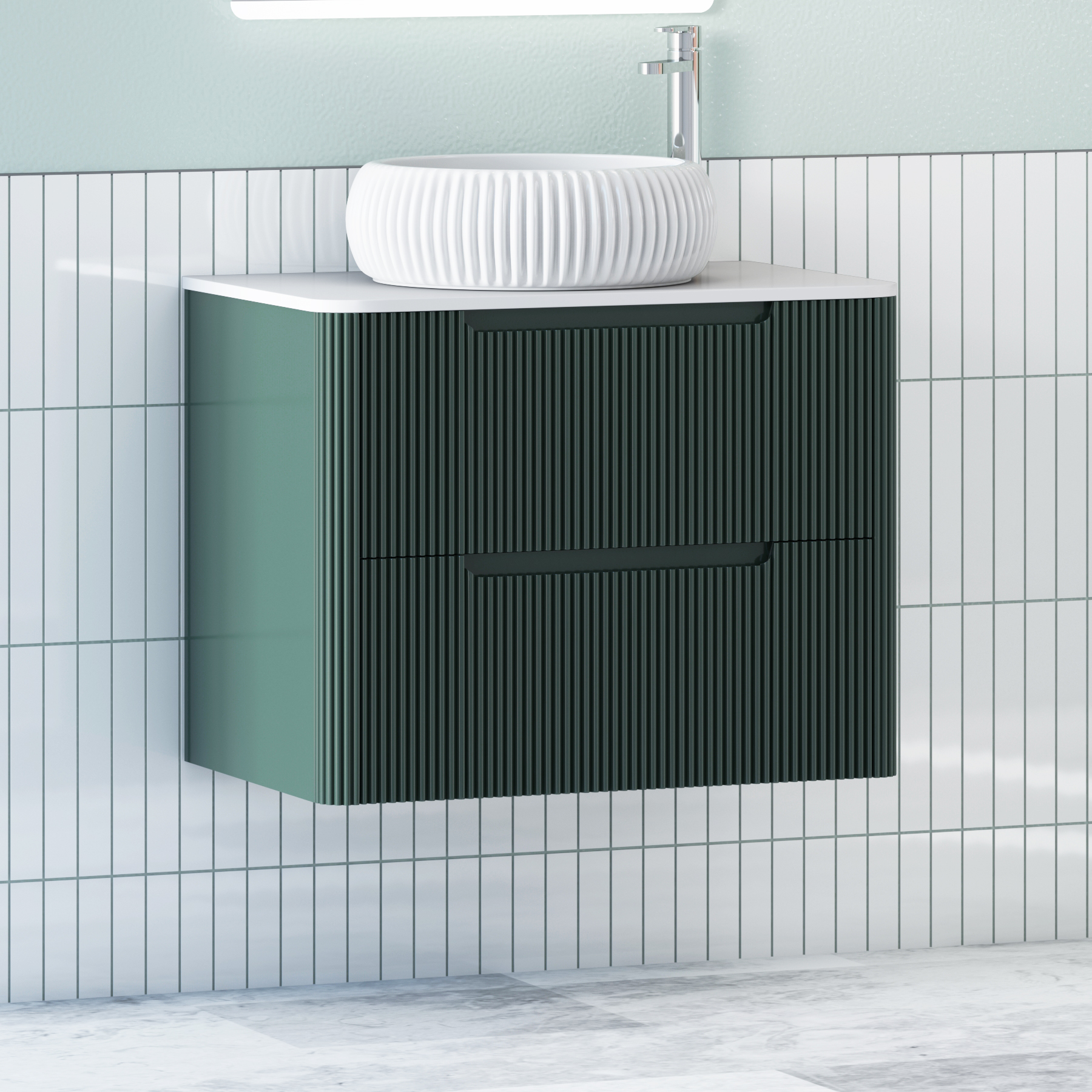 Avenza Deep Moss Green Wall Hung Vanity Unit 2 Drawer with Plain White Worktop & Multiple Basins