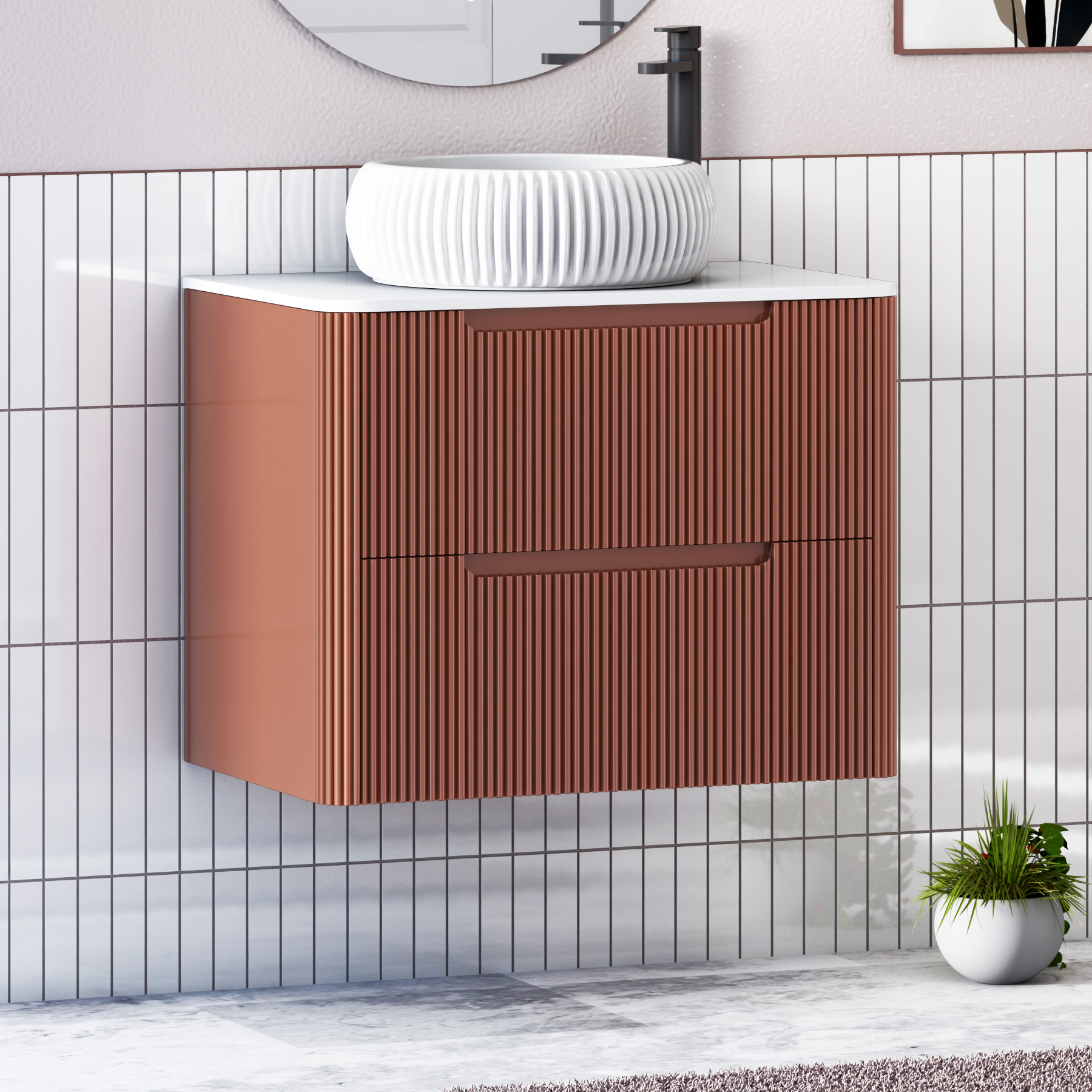 Avenza Terracotta Clay Wall Hung Vanity Unit 2 Drawer with Plain White Worktop & Multiple Basins