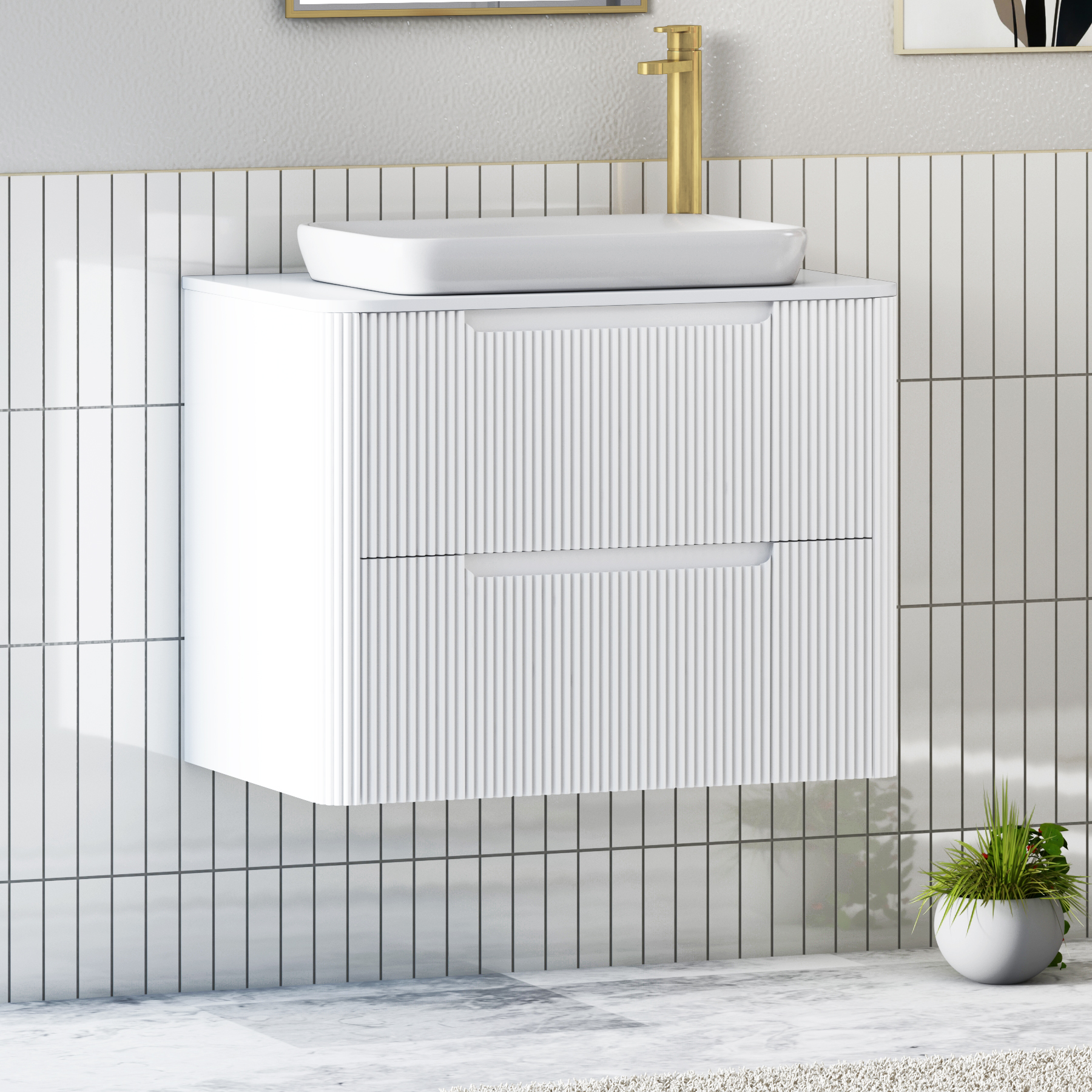 Avenza Matt White Wall Hung Vanity Unit 2 Drawer with Plain White Worktop & Multiple Basins