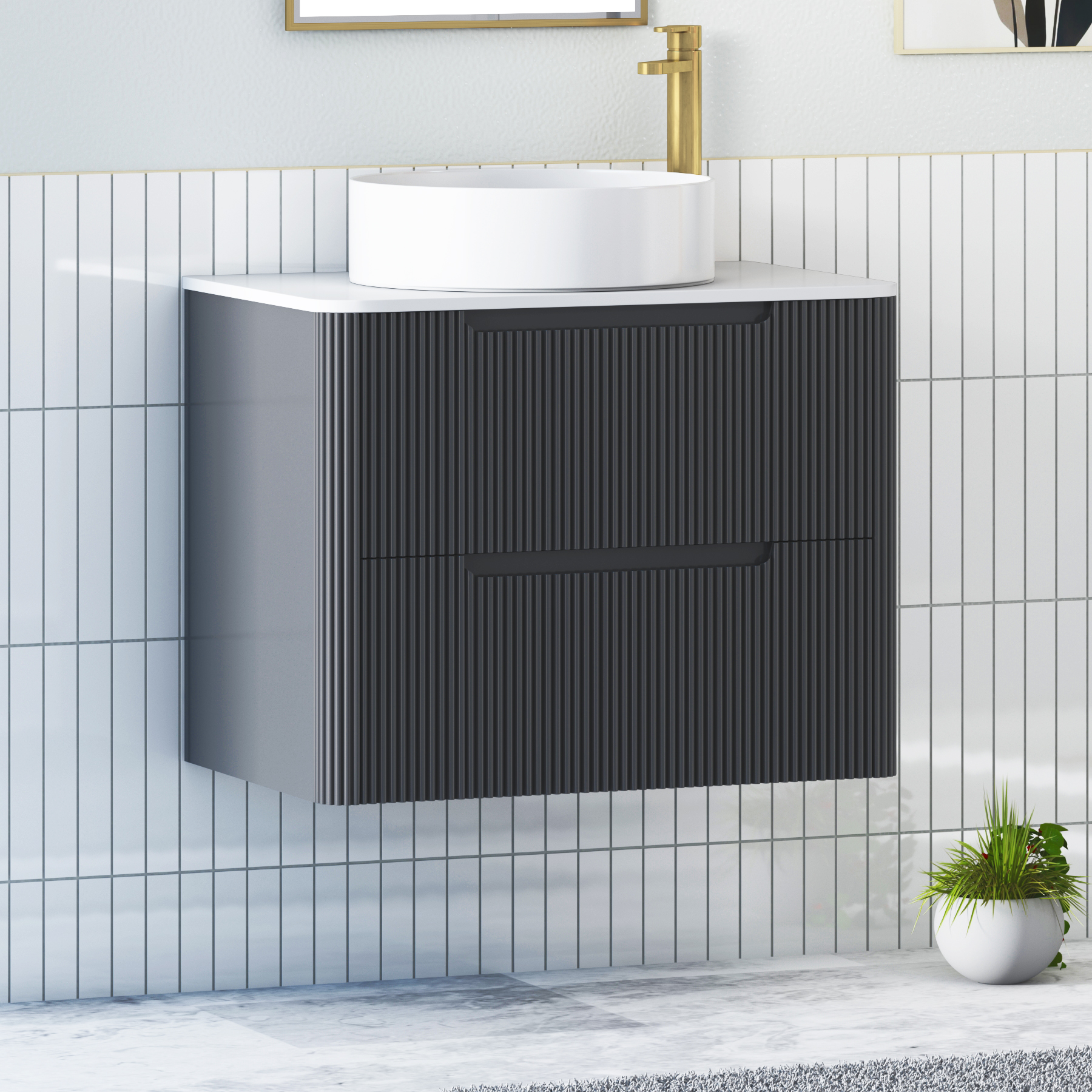Avenza Matt Obsidian Black Wall Hung Vanity Unit 2 Drawer with Plain White Worktop & Multiple Basins