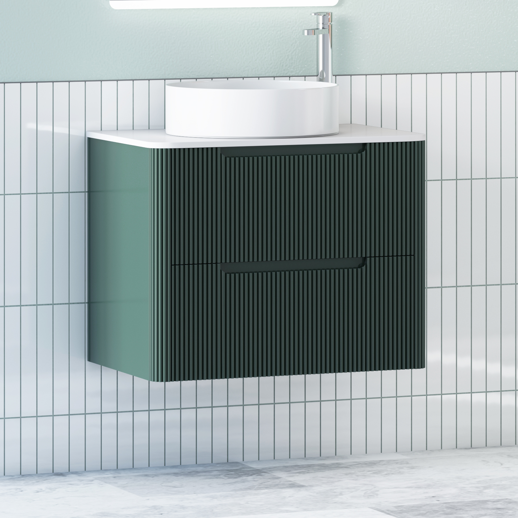 Avenza Deep Moss Green Wall Hung Vanity Unit 2 Drawer with Plain White Worktop & Multiple Basins
