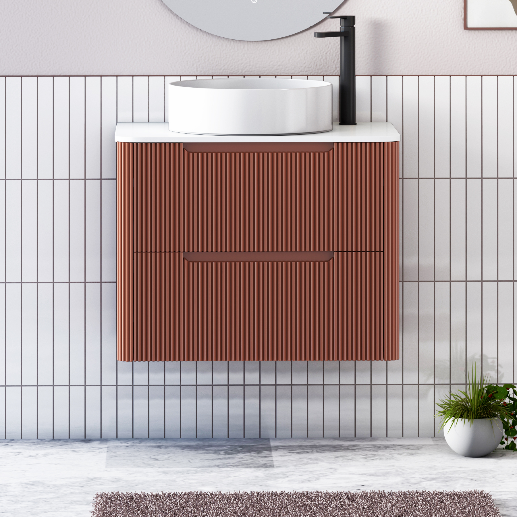 Avenza Terracotta Clay Wall Hung Vanity Unit 2 Drawer with Plain White Worktop & Multiple Basins