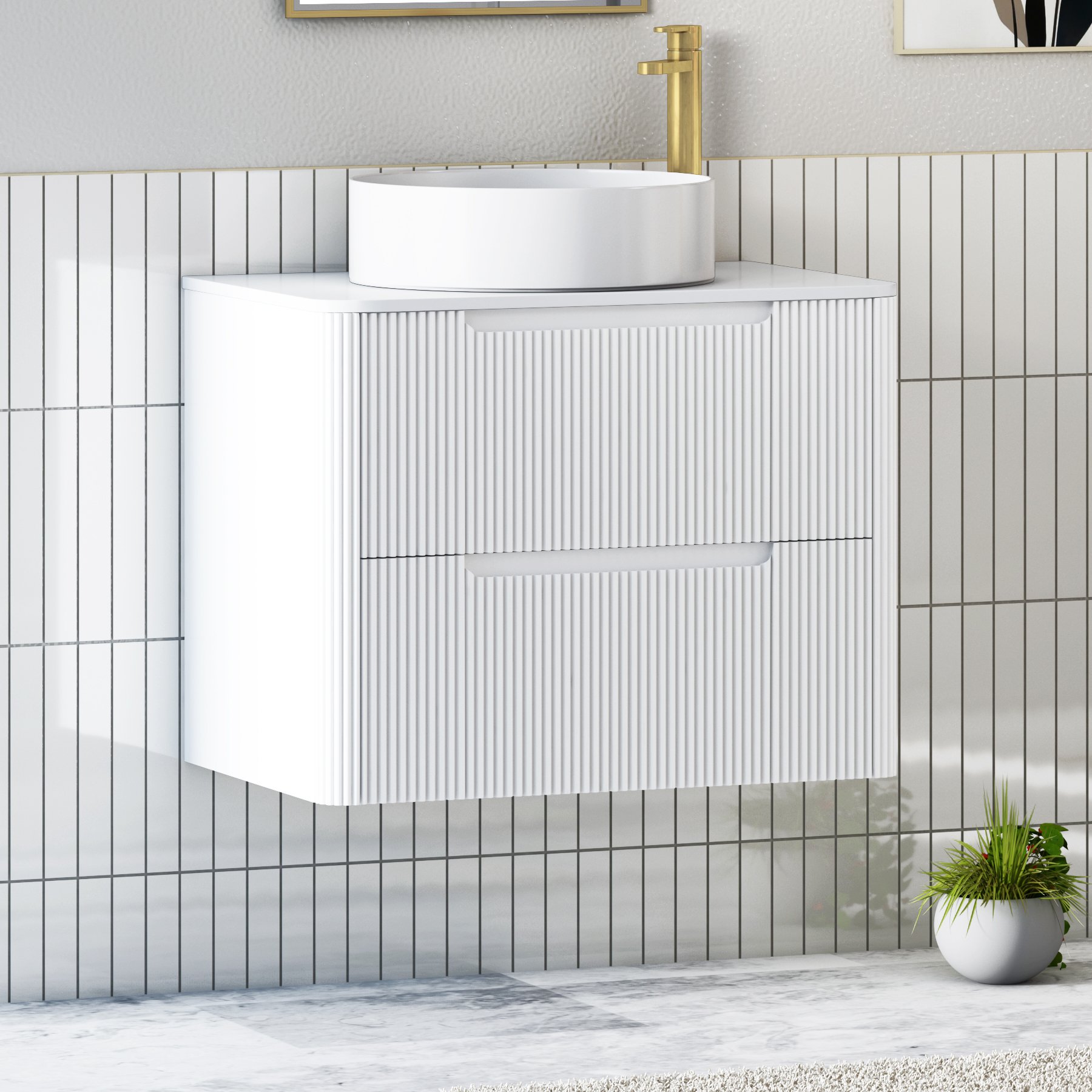 Avenza Matt White Wall Hung Vanity Unit 2 Drawer with Plain White Worktop & Multiple Basins