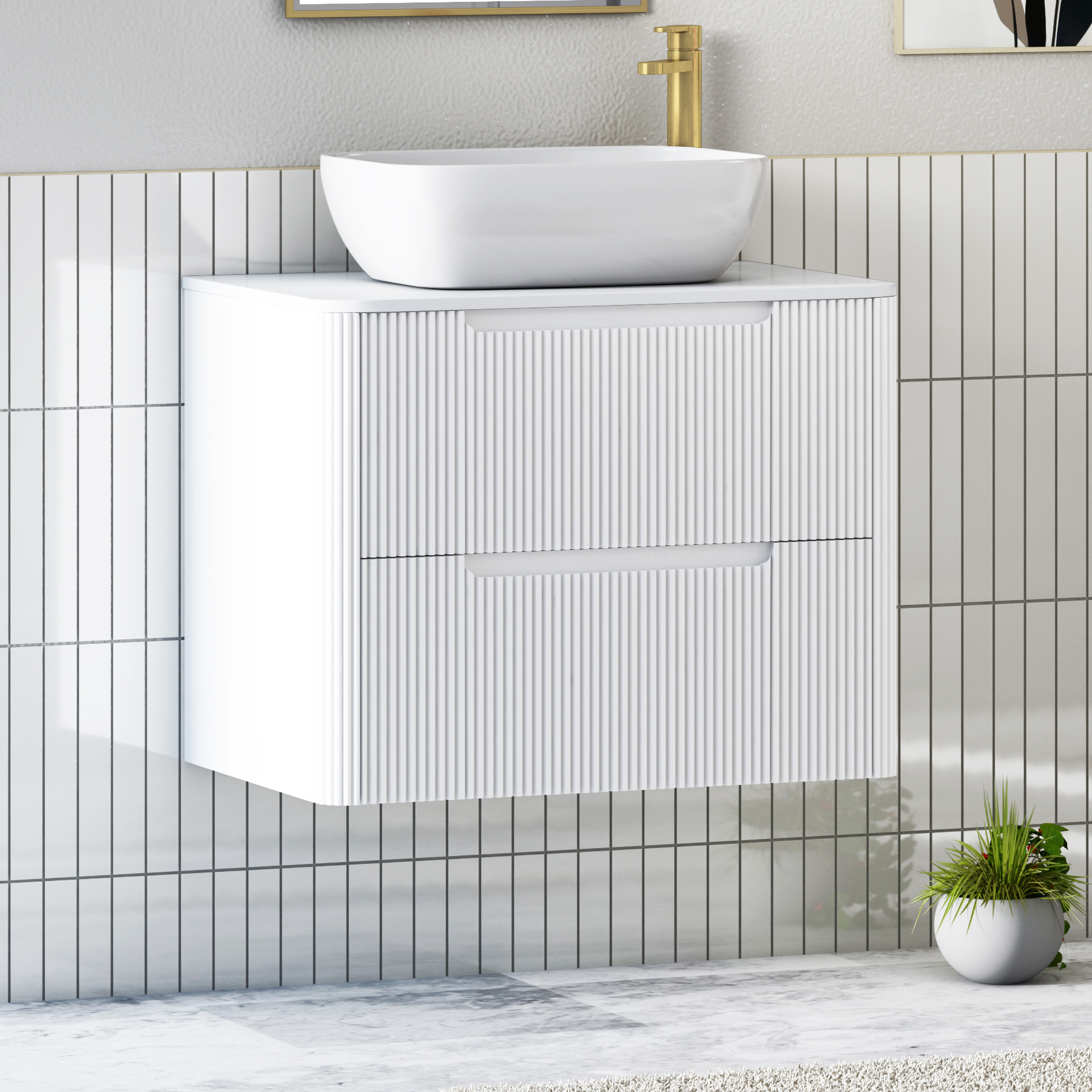 Avenza Matt White Wall Hung Vanity Unit 2 Drawer with Plain White Worktop & Multiple Basins