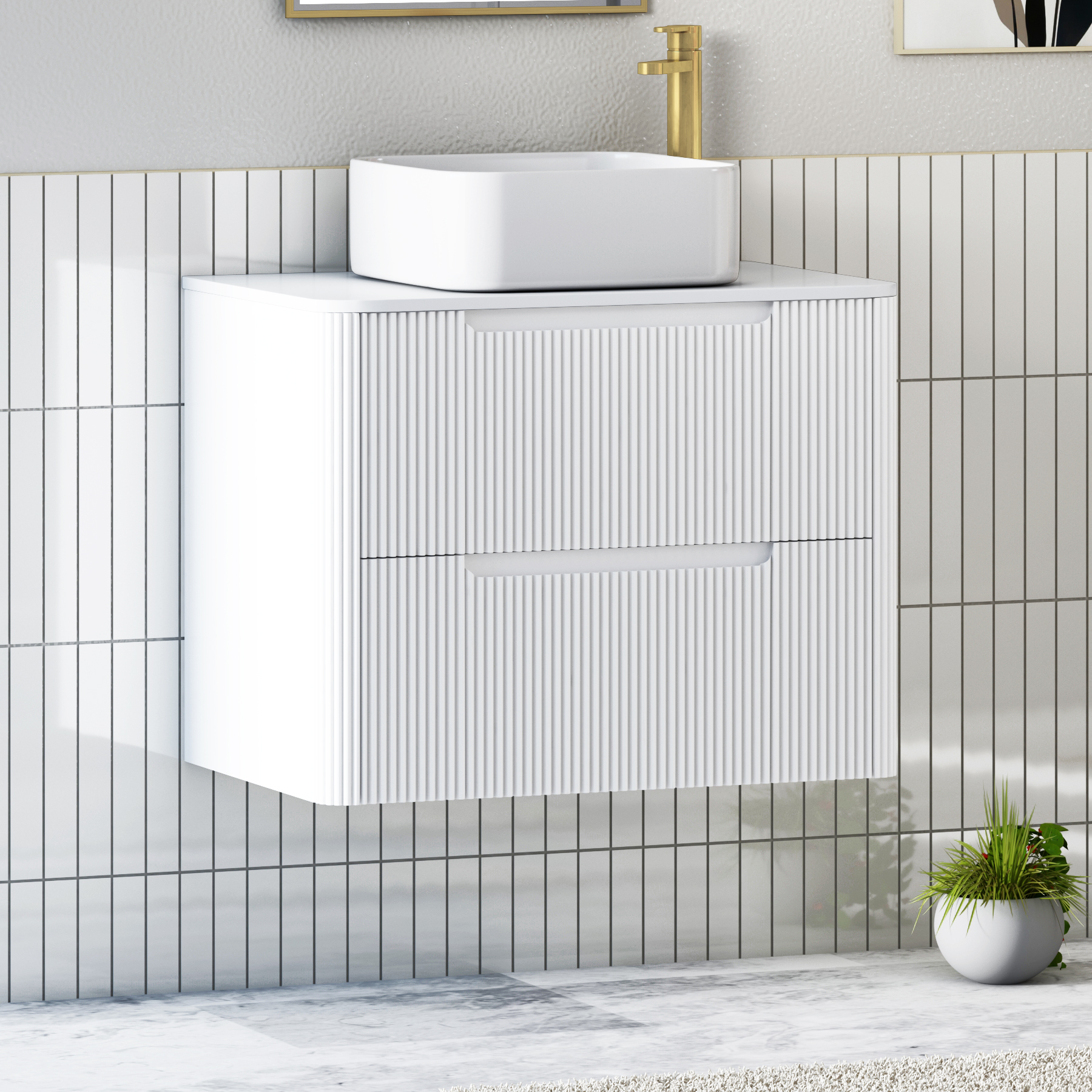 Avenza Matt White Wall Hung Vanity Unit 2 Drawer with Plain White Worktop & Multiple Basins