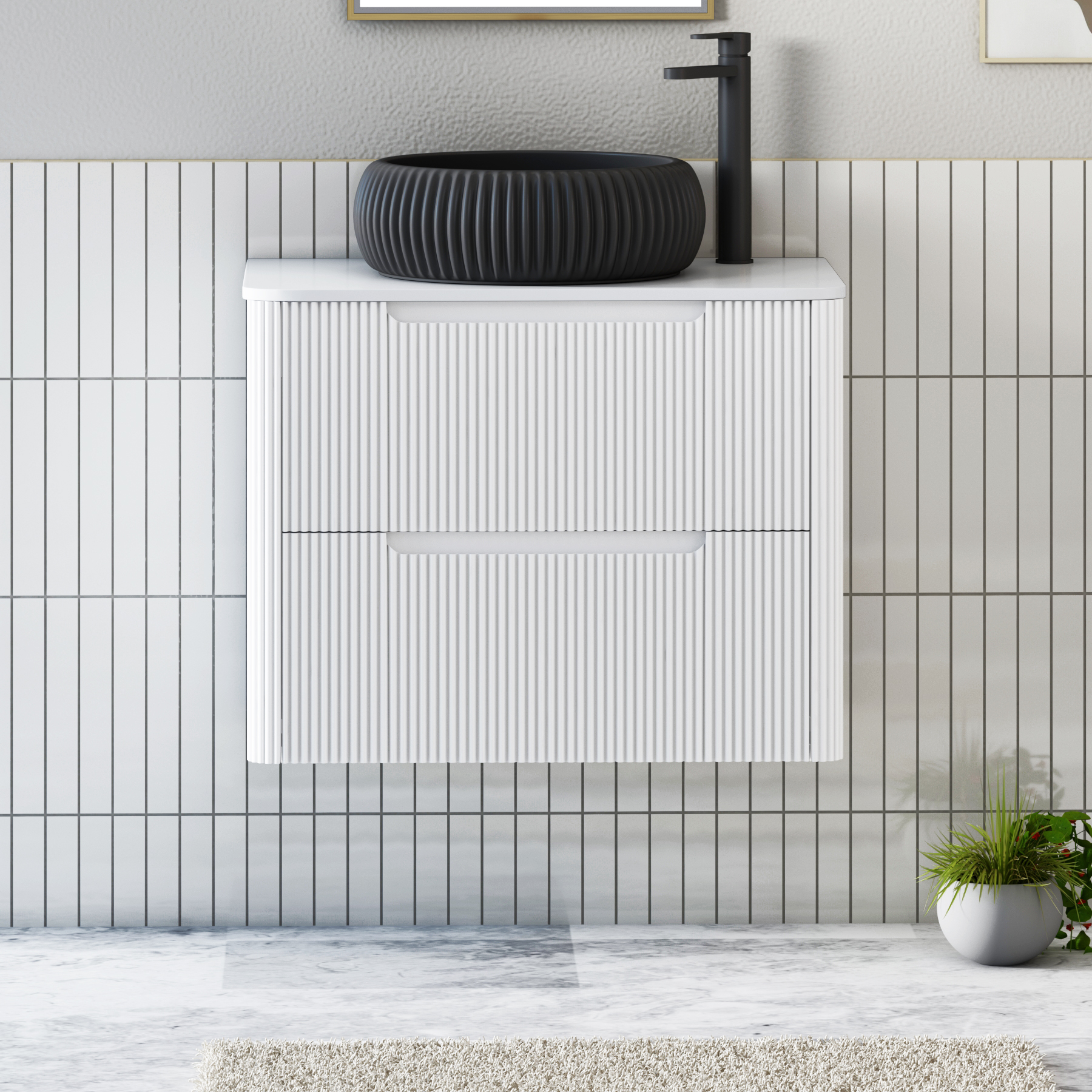Avenza Matt White Wall Hung Vanity Unit 2 Drawer with Plain White Worktop & Multiple Basins