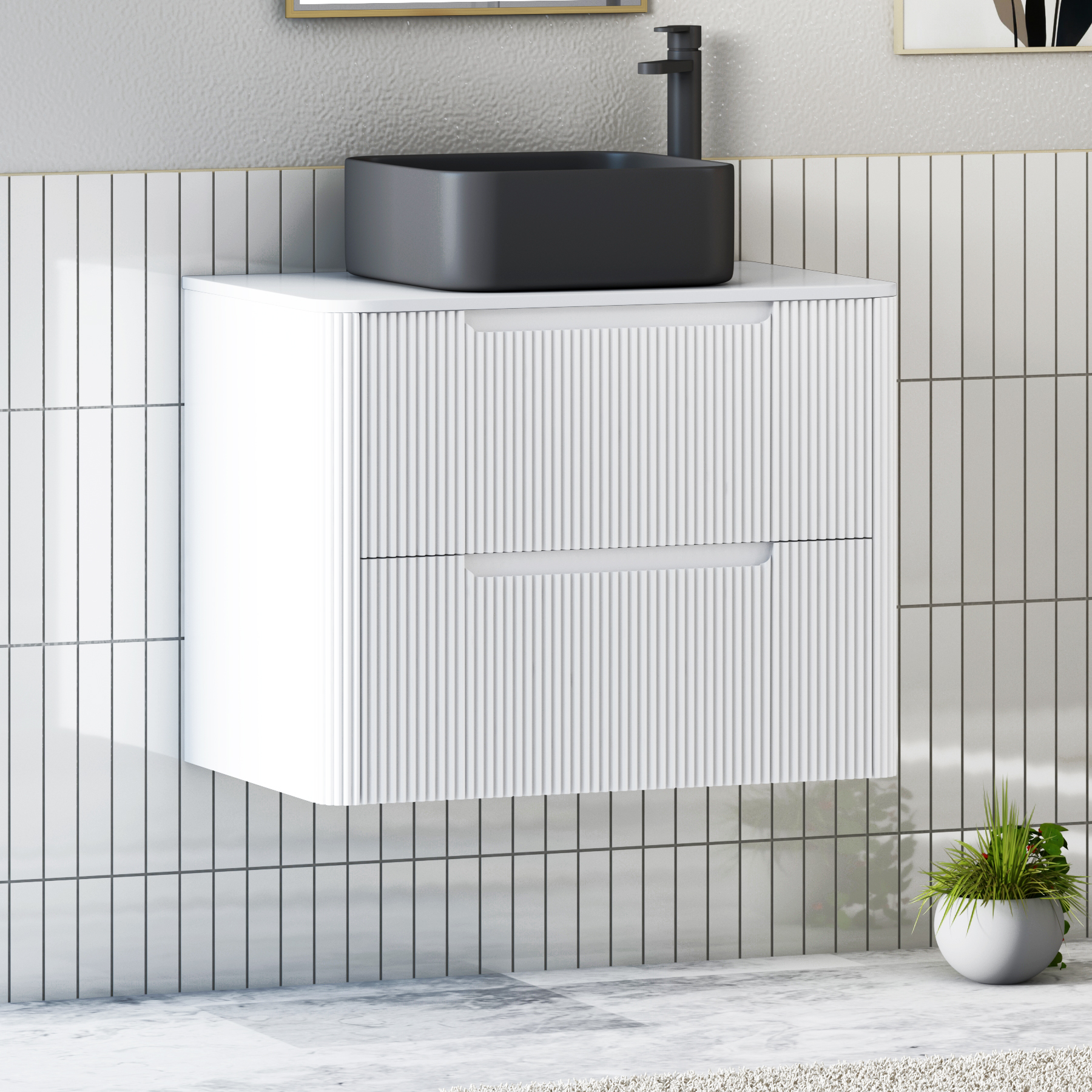 Avenza Matt White Wall Hung Vanity Unit 2 Drawer with Plain White Worktop & Multiple Basins