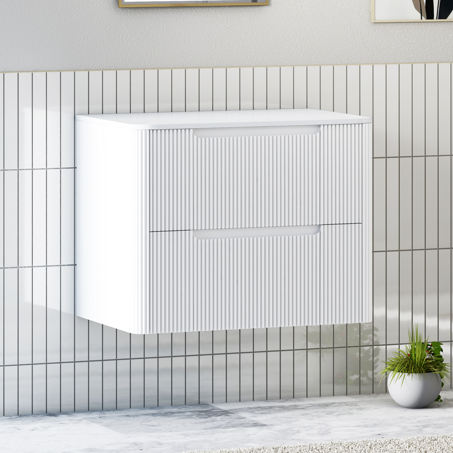 Avenza Matt White Wall Hung Vanity Unit 2 Drawer with Plain White Worktop & Multiple Basins